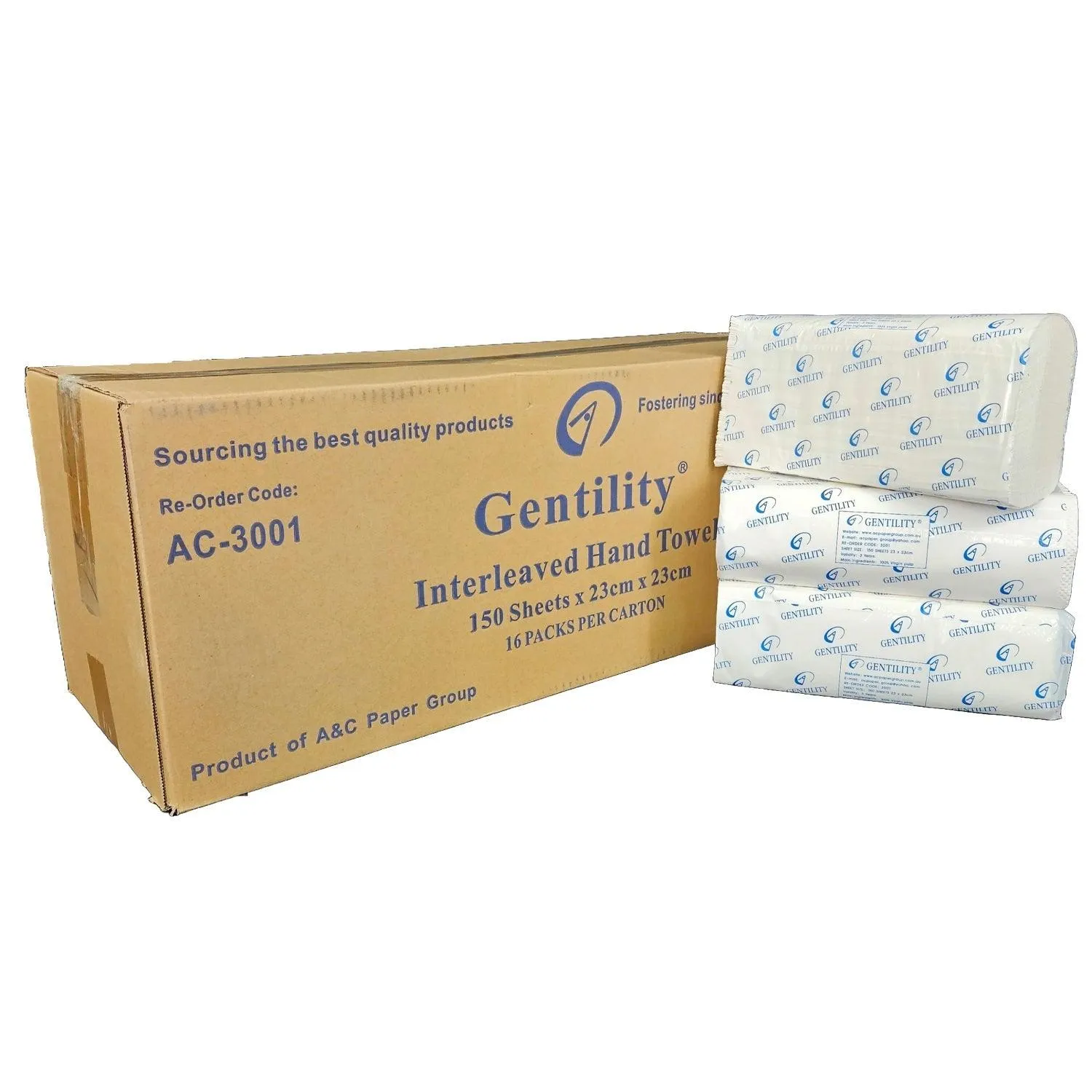 A&C Gentility Slimline Hand Paper Towels 23x23cm 2ply 150 Sheets x 16 Packs/Carton AC-3001