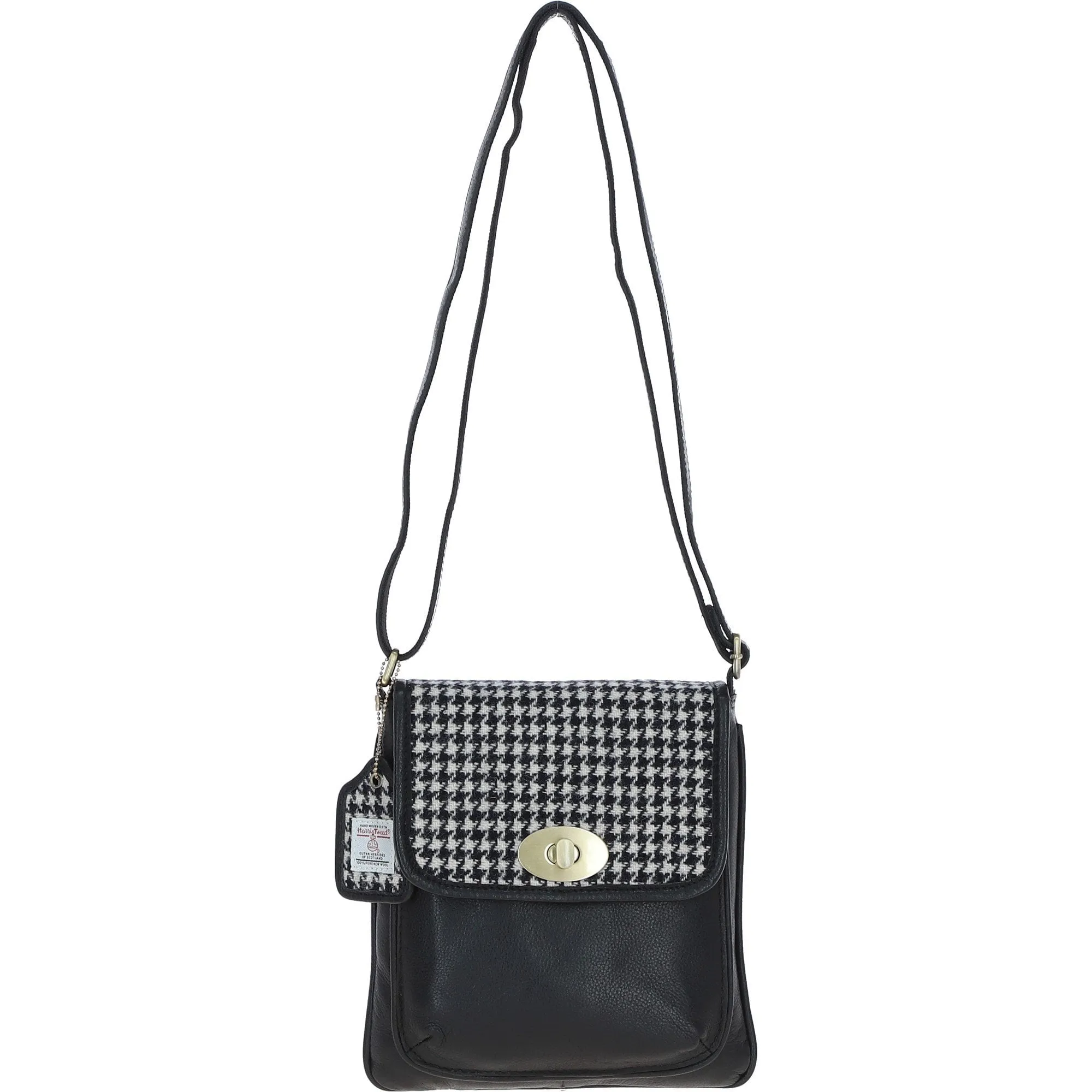 Ashwood Leather & Harris Tweed Twist Lock Crossbody BagBlack/White: TW-31-012-BW