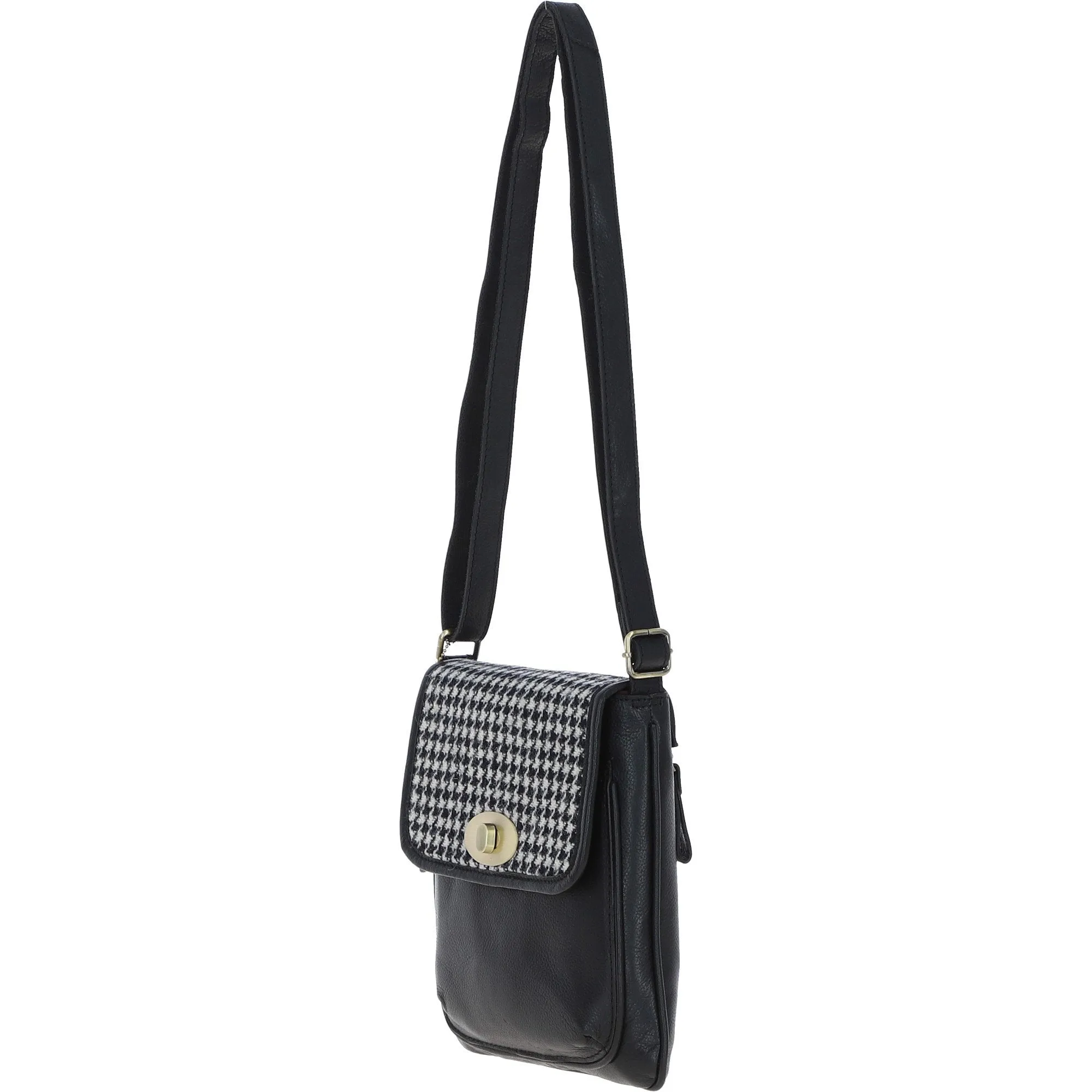 Ashwood Leather & Harris Tweed Twist Lock Crossbody BagBlack/White: TW-31-012-BW