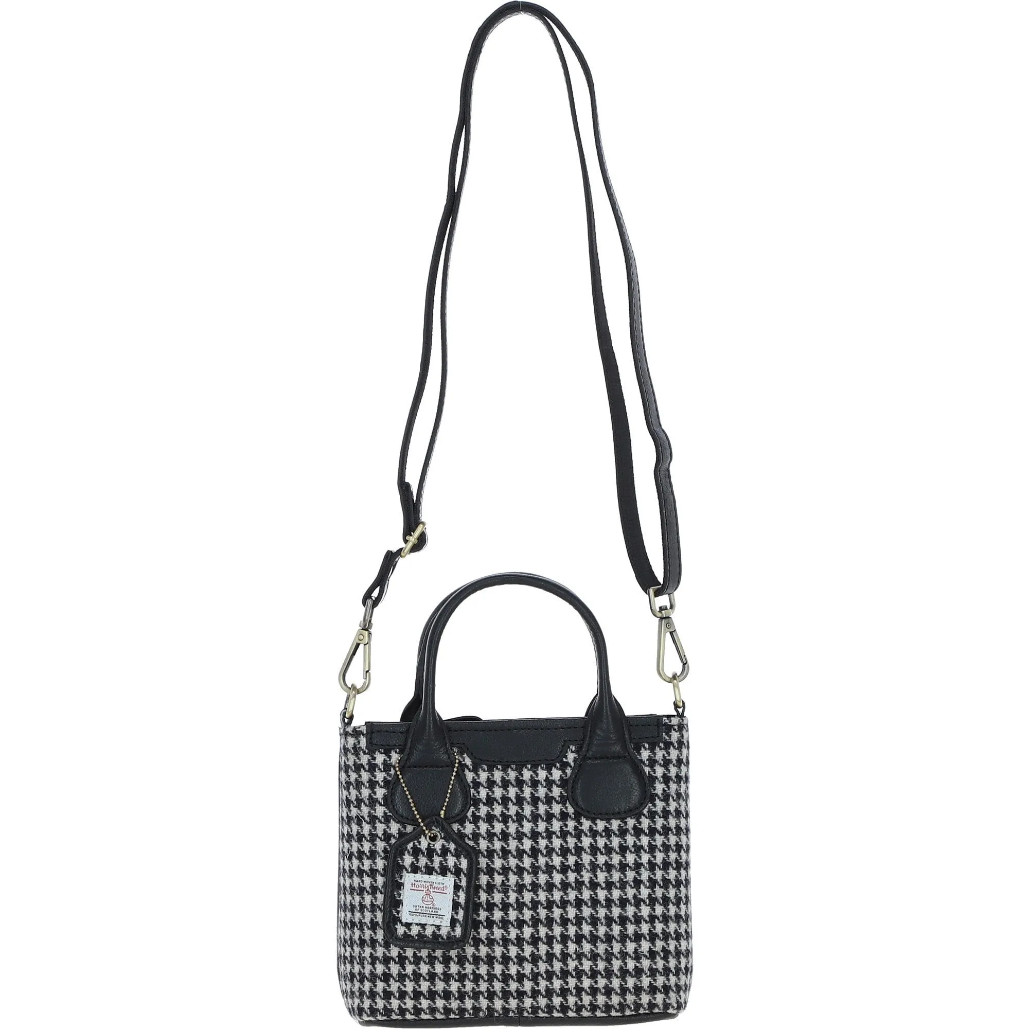 Ashwood Leather x Harris Tweed Handbag with Removable Crossbody Strap Black/White: TW-21-012-BW