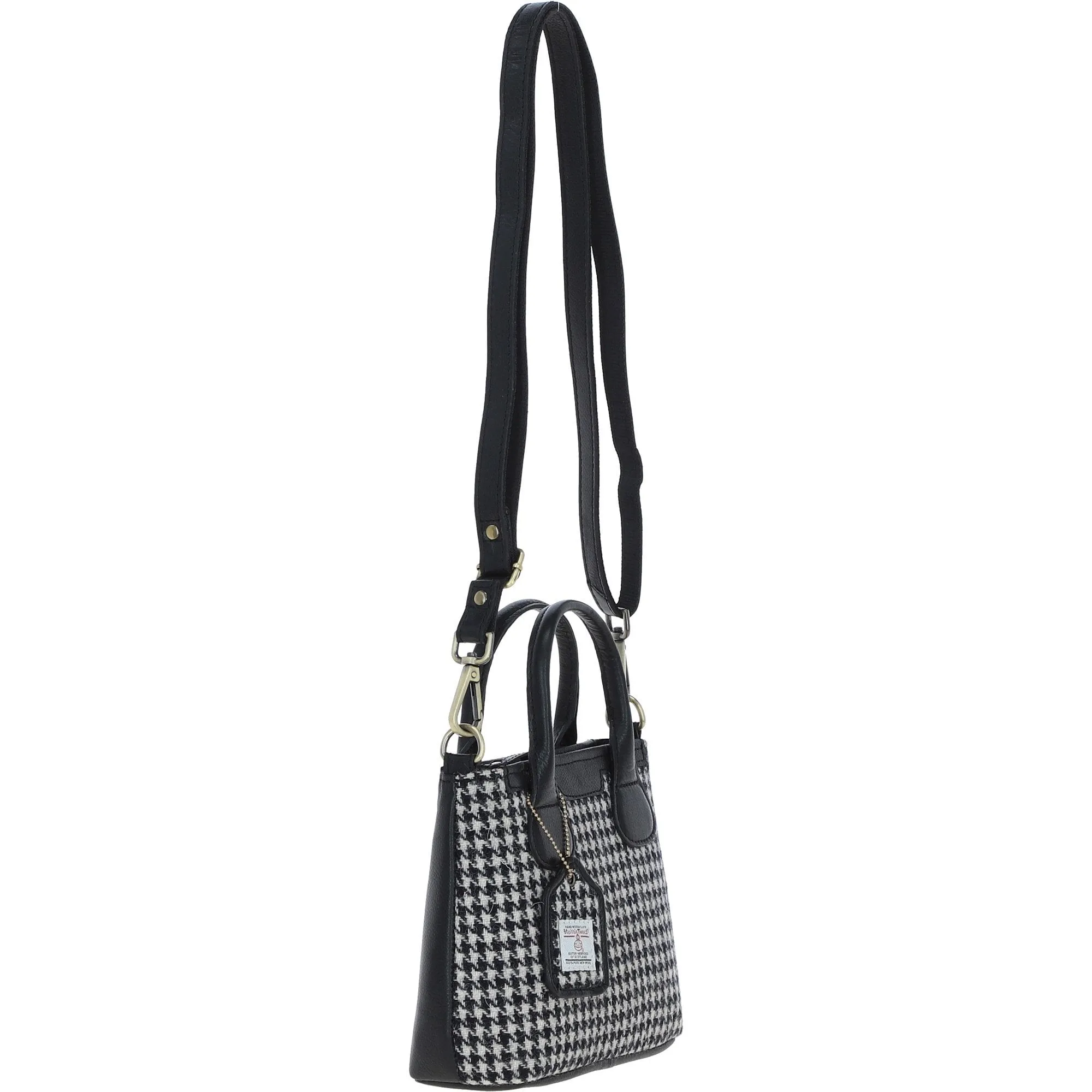 Ashwood Leather x Harris Tweed Handbag with Removable Crossbody Strap Black/White: TW-21-012-BW