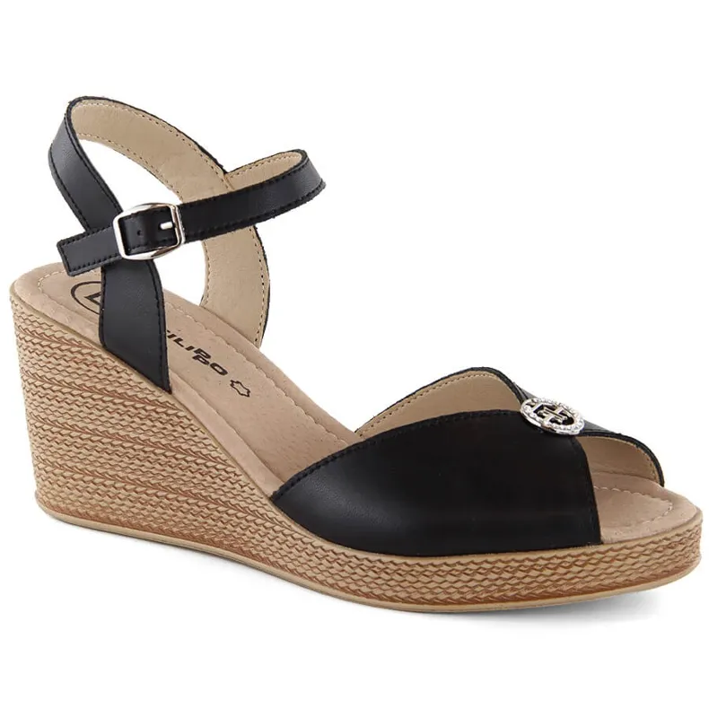 Black leather women's wedge sandals with decoration Filippo DS6026