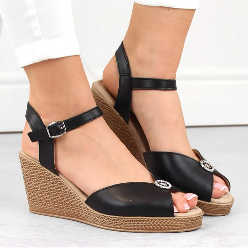 Black leather women's wedge sandals with decoration Filippo DS6026