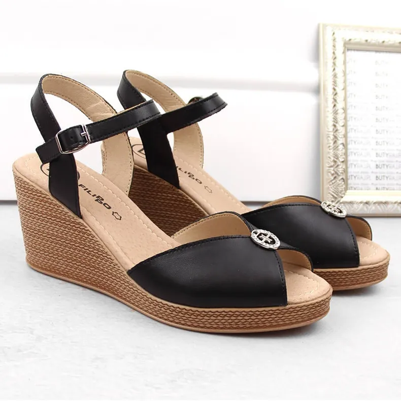 Black leather women's wedge sandals with decoration Filippo DS6026