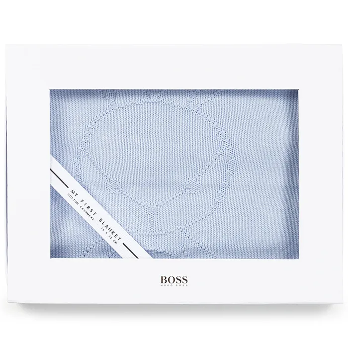 BOSS light blue knitted blanket with logo