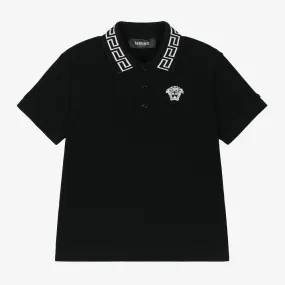 Boys Black Greca Cotton Polo Shirt