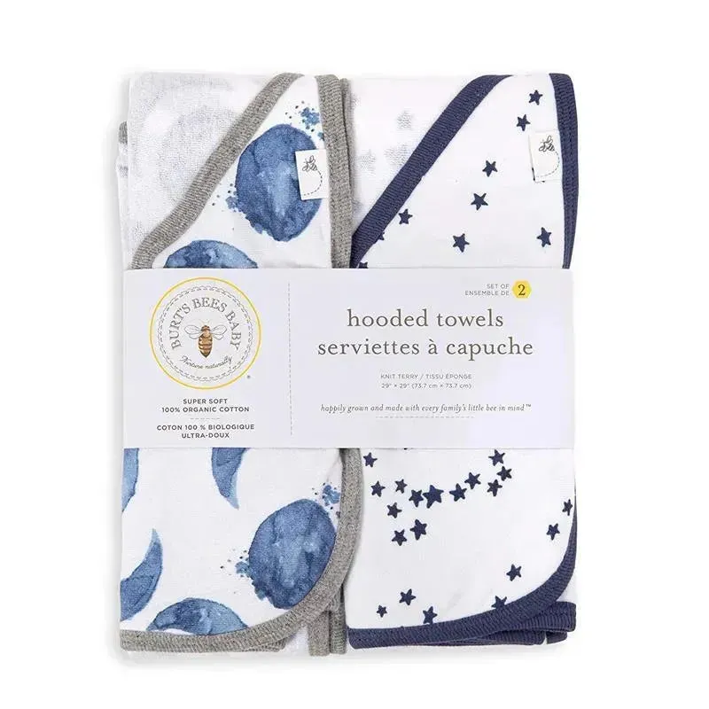 Burts Bees - 2Pk Hello Moon! Baby Hooded Towels, Blue Indigo