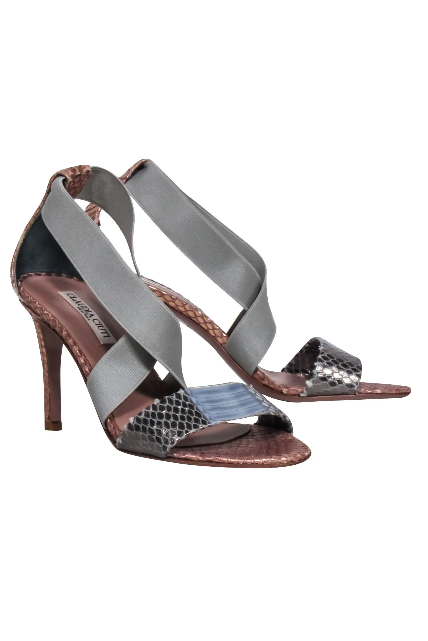 Claudia Ciuti - Rose Gold & grey Snakeskin Textured strappy Sandals Sz 6.5