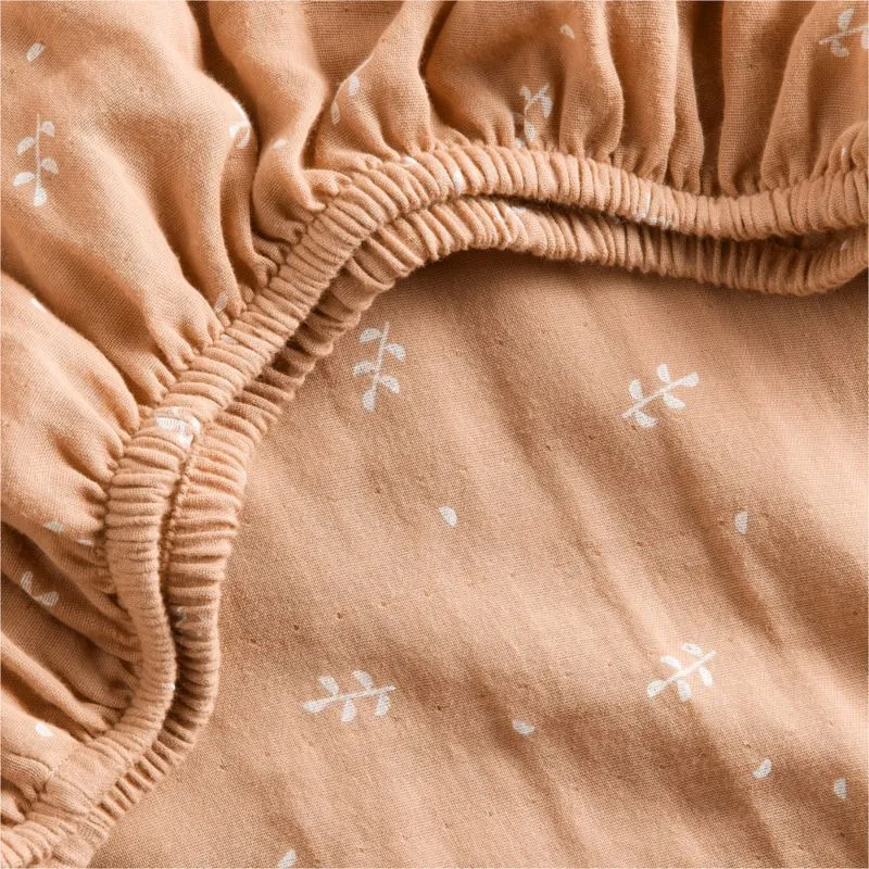 Crate&Barrel Supersoft Terracotta Leaf Print Organic Cotton Gauze Baby Crib Fitted Sheet