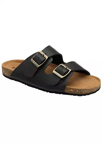 Devi Double Strap Leather Black Footbed Sandals by Dunlop | Look Again