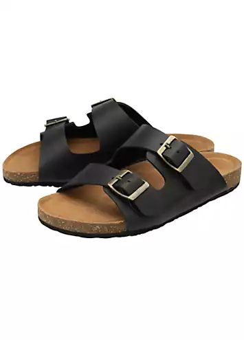 Devi Double Strap Leather Black Footbed Sandals by Dunlop | Look Again