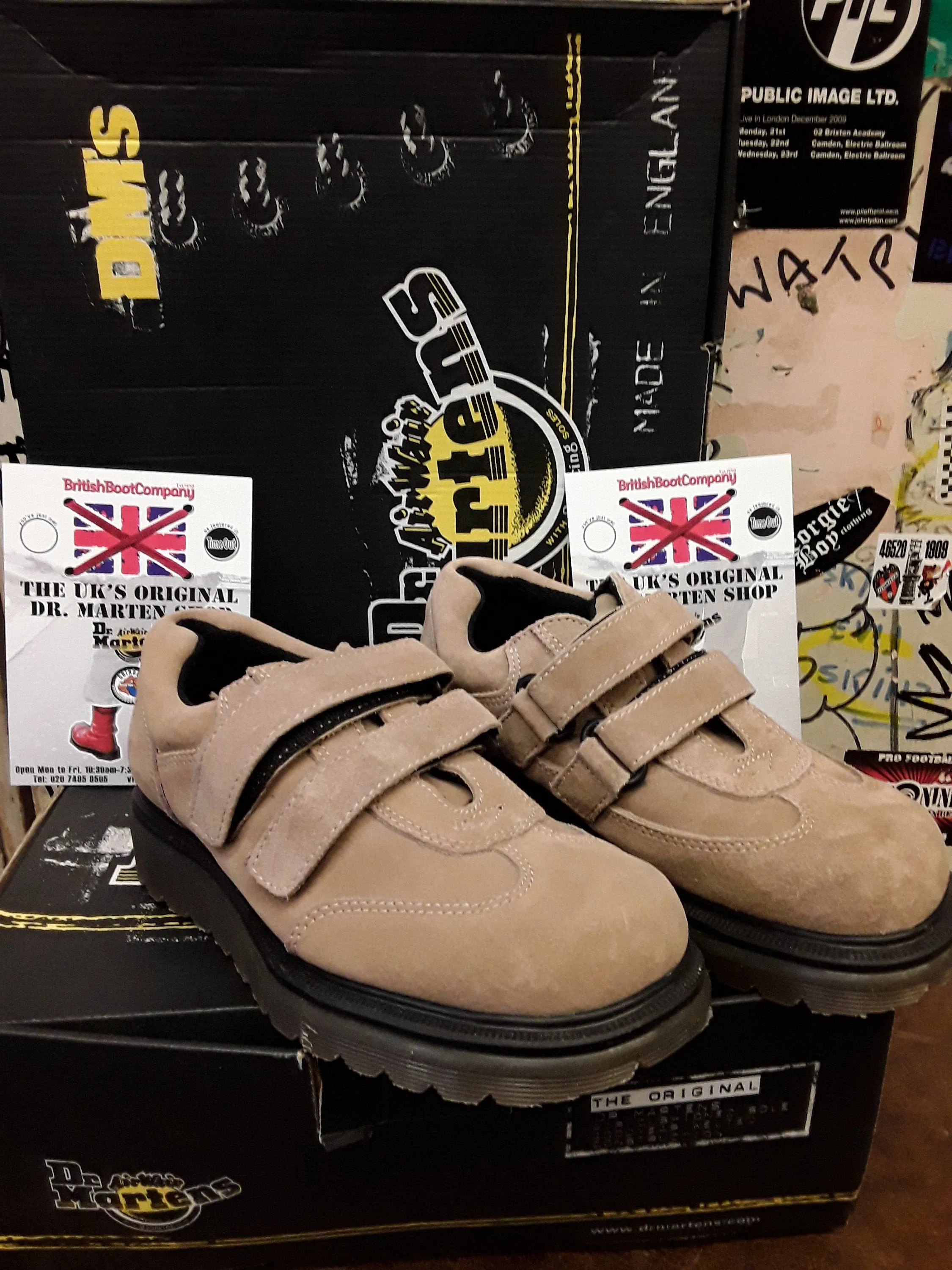 Dr Martens Made in England beige suede double Velcro strap shoe size 4