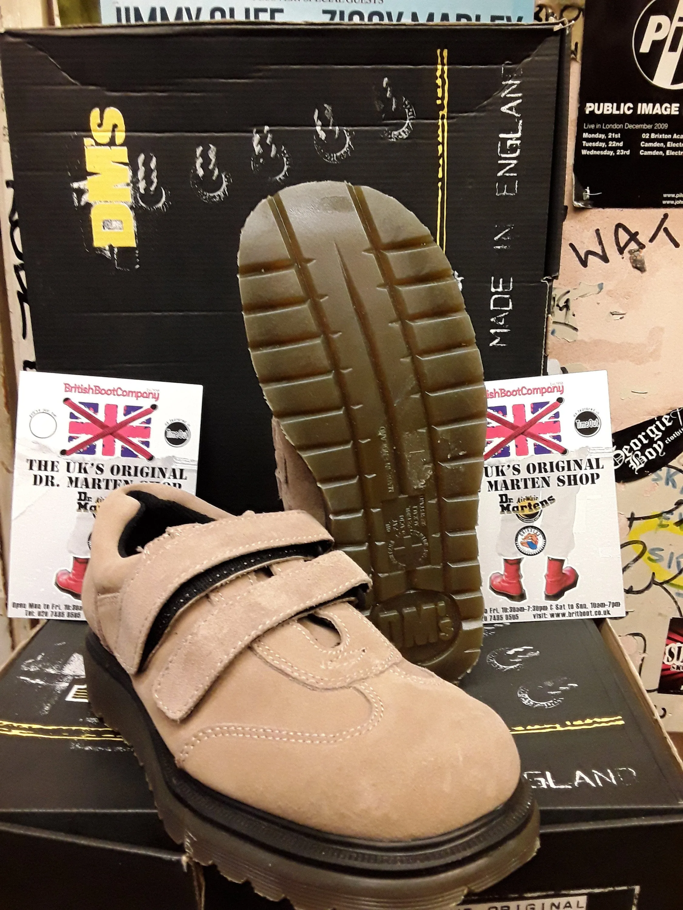 Dr Martens Made in England beige suede double Velcro strap shoe size 4