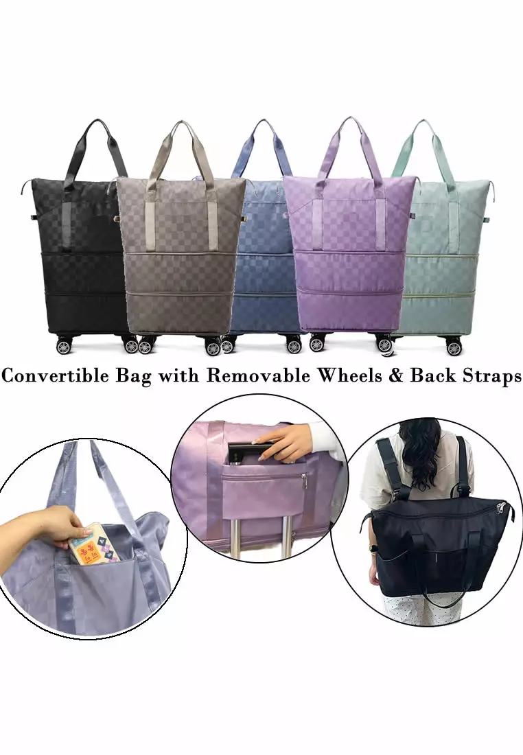 FUNKY.sg Convertible Travel Bag with Large Capacity, Water-Repellent Hand Carry Luggage with Removable Wheels and Backpack Strap