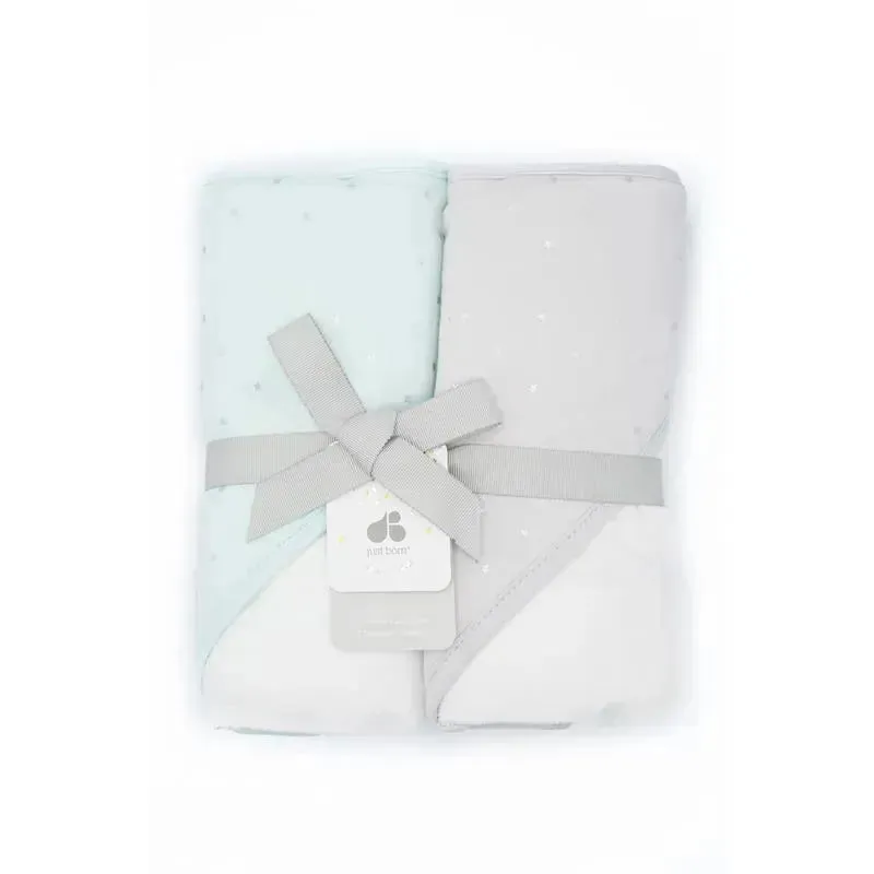 Just Born Triboro 2pc Sparkle Mint/Grey Baby Hooded Bath Towels For Boys