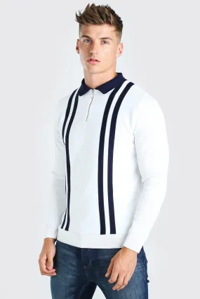 Long Sleeve Contrast Stripe Knitted Polo