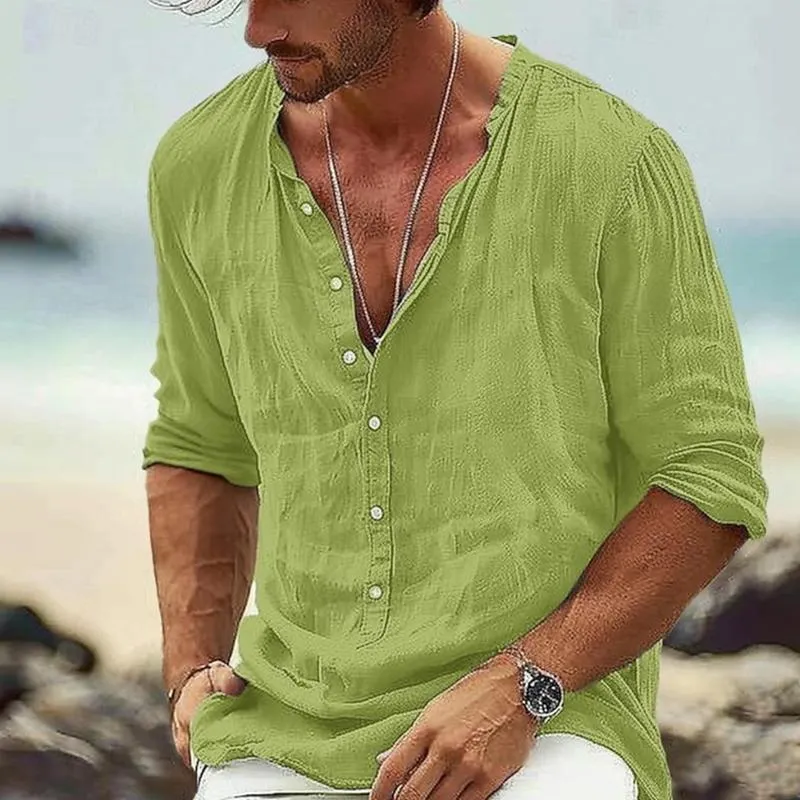 Men's Casual Cotton Linen Stand Collar Button Long Sleeve Pullover Shirt 64540459M