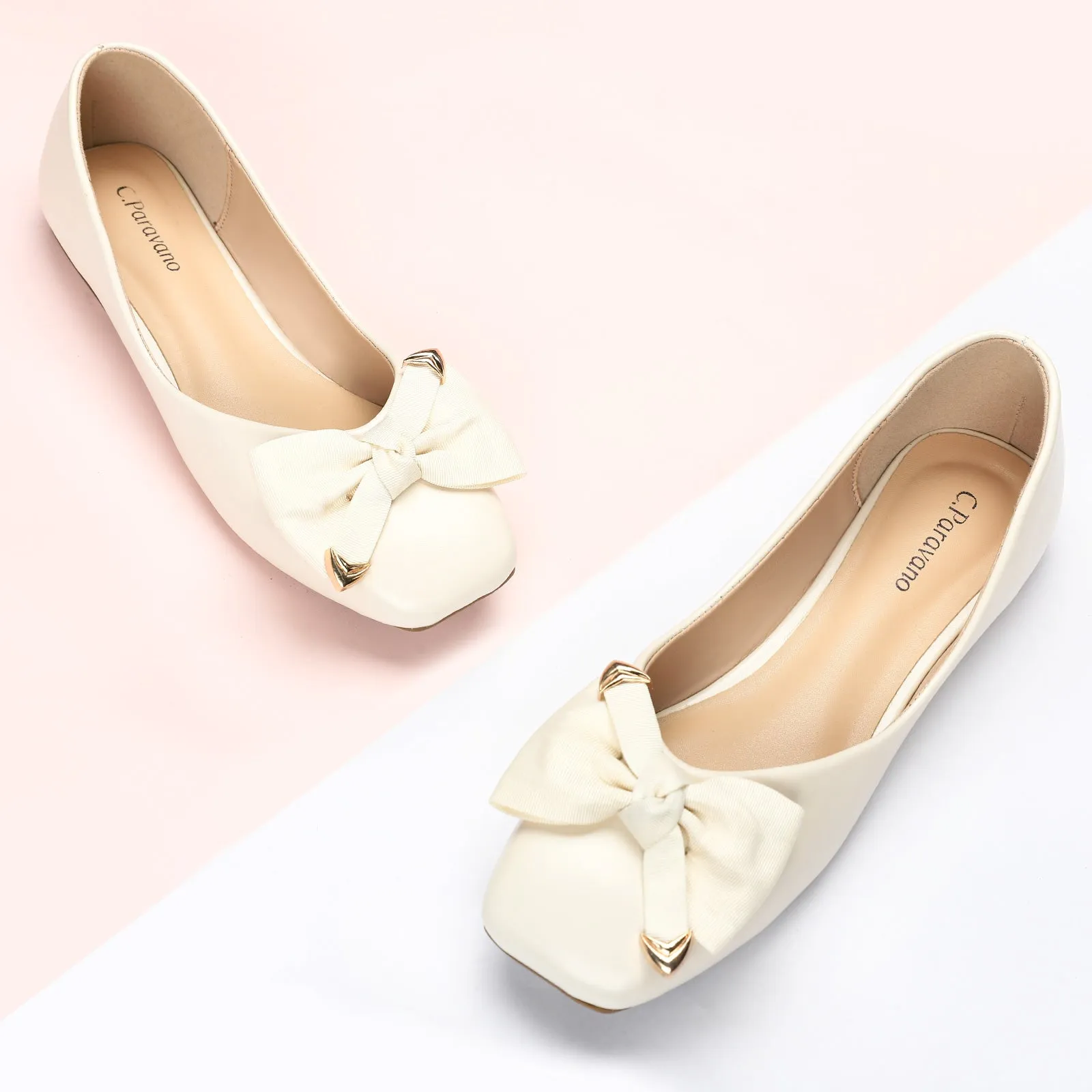 Metal Bow Ballerina Flats (Eva) White