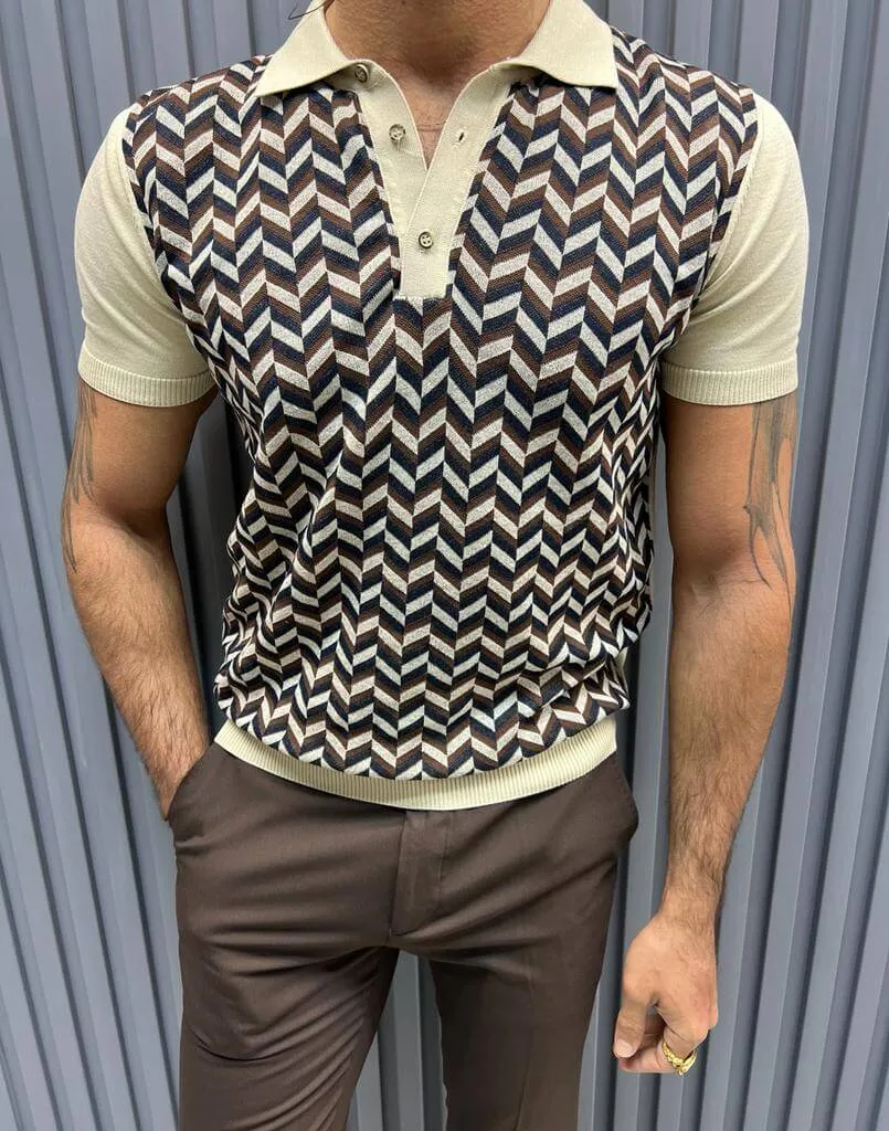 Patterned Beige Knit Polo T-Shirt