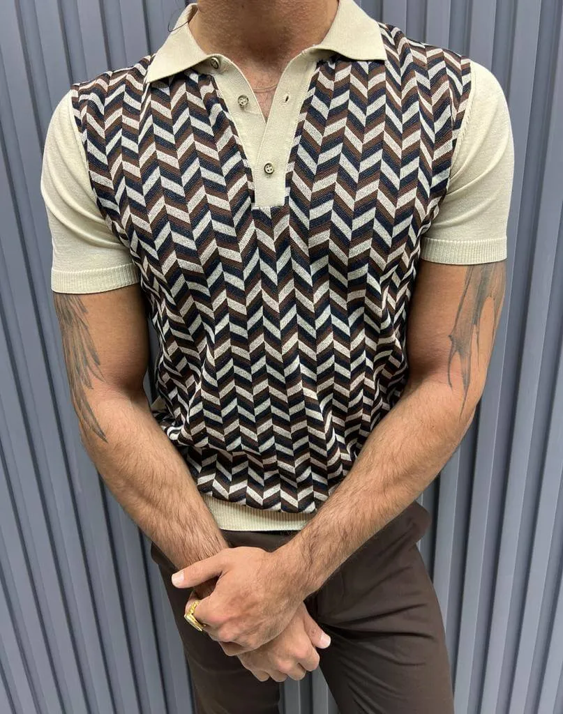 Patterned Beige Knit Polo T-Shirt