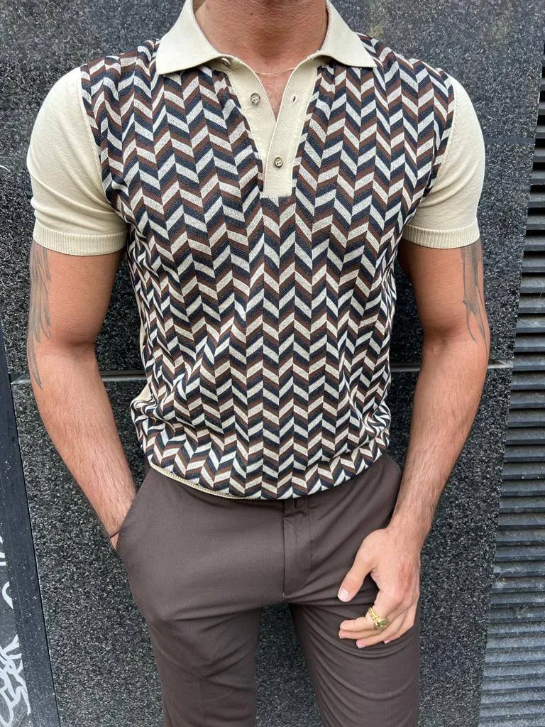 Patterned Beige Knit Polo T-Shirt