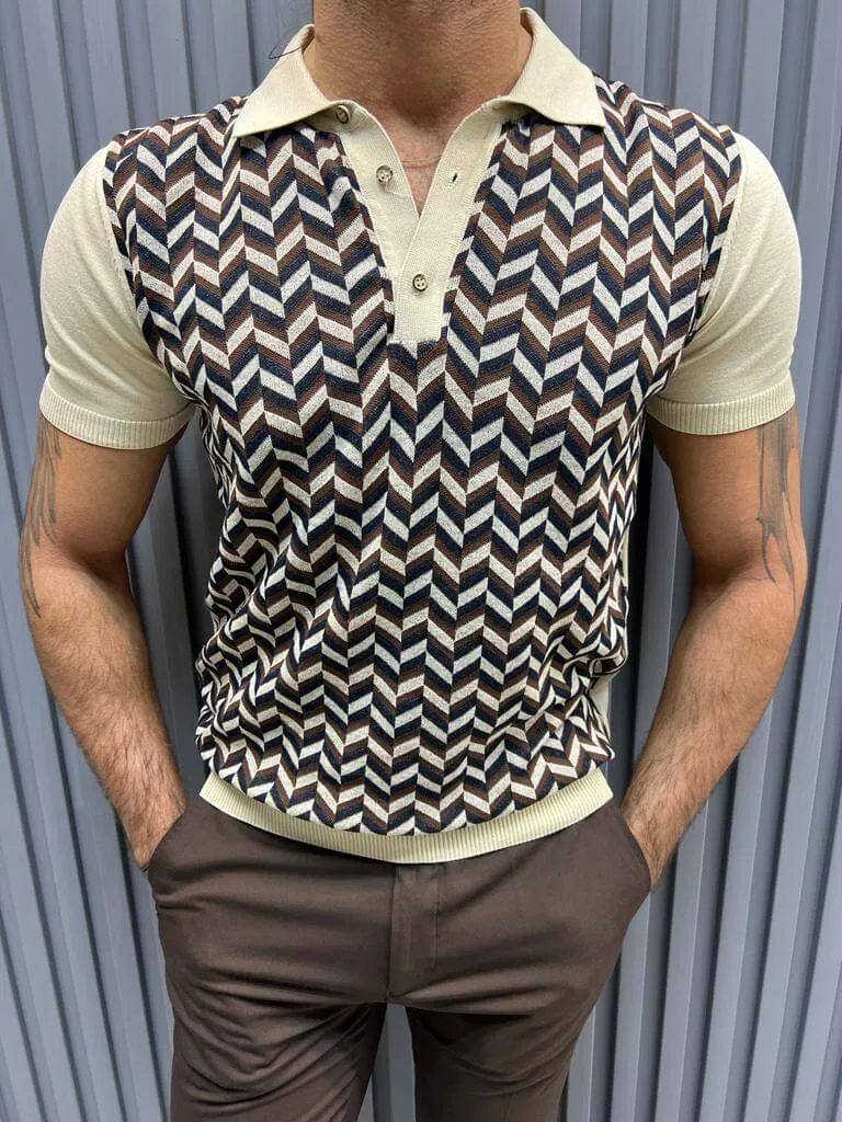 Patterned Beige Knit Polo T-Shirt