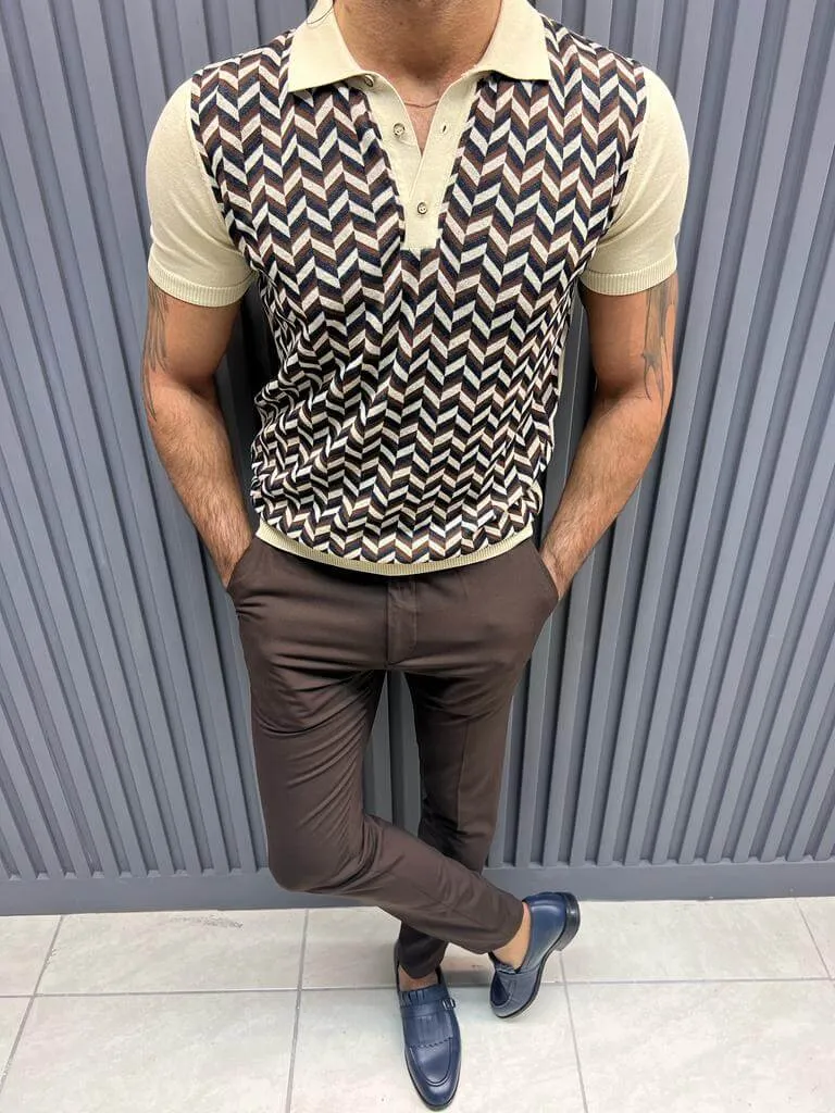 Patterned Beige Knit Polo T-Shirt