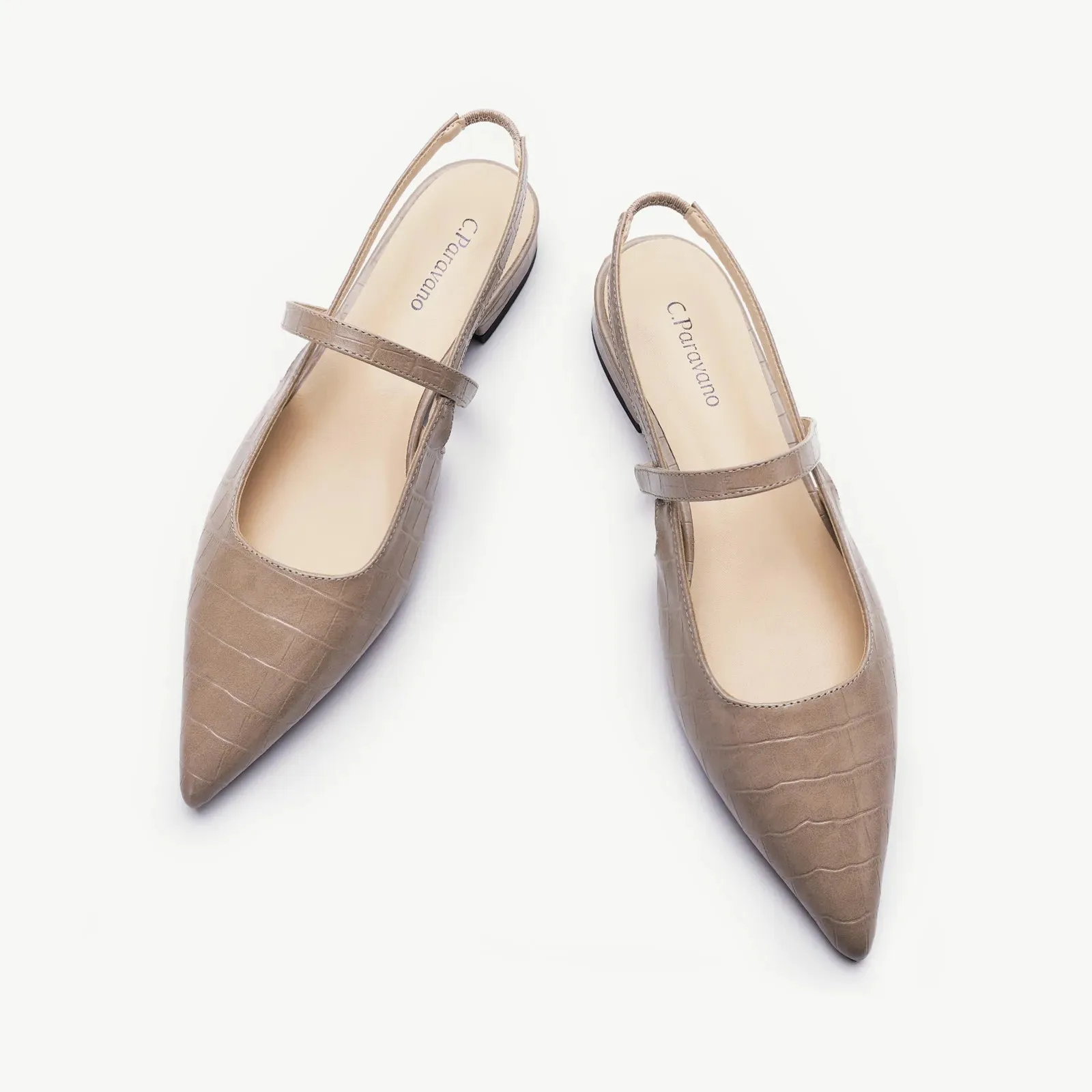 Pointed Toe Crozzling Slingback Flats (Freya) Latte