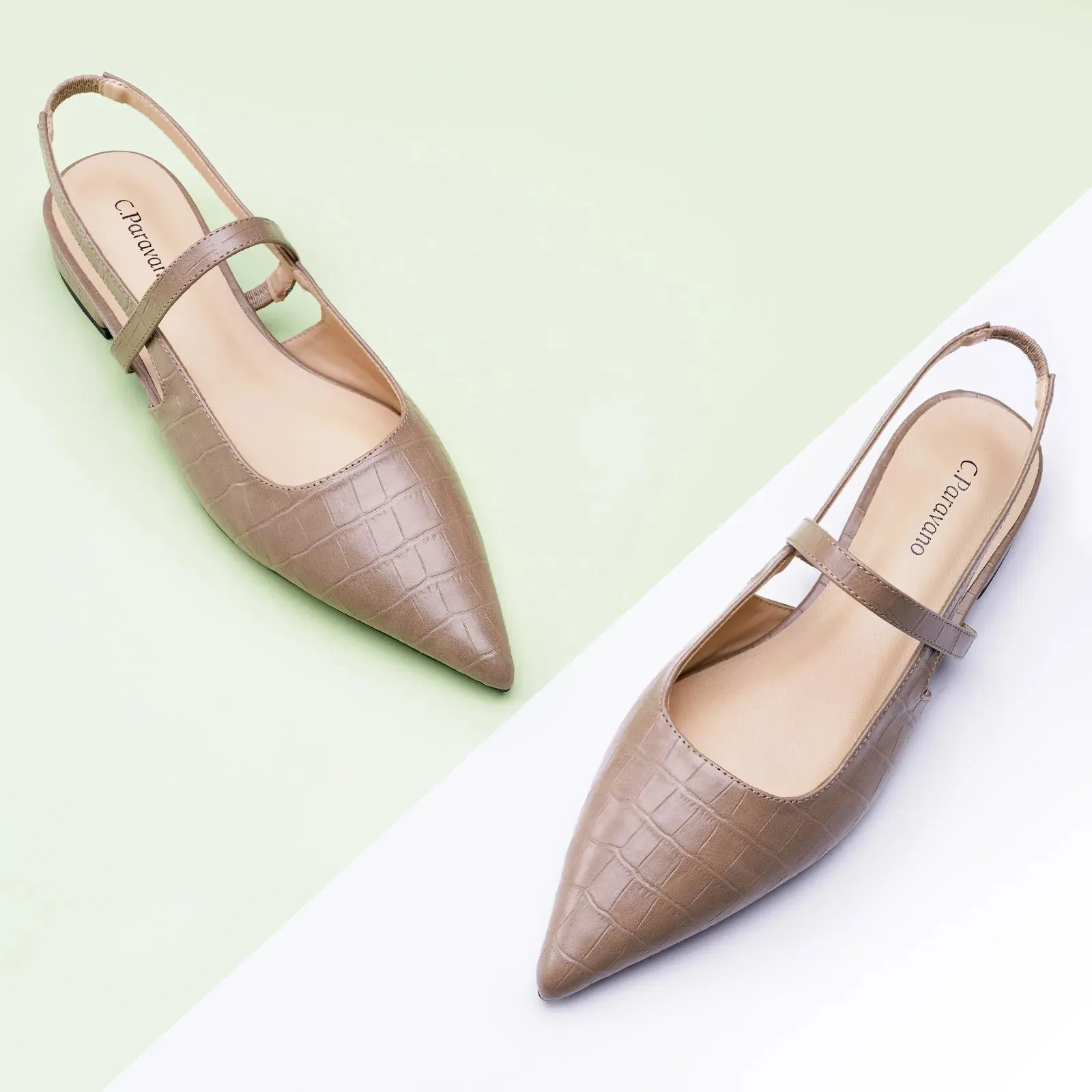 Pointed Toe Crozzling Slingback Flats (Freya) Latte