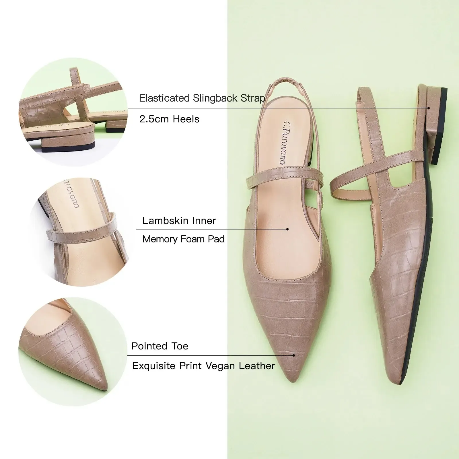 Pointed Toe Crozzling Slingback Flats (Freya) Latte