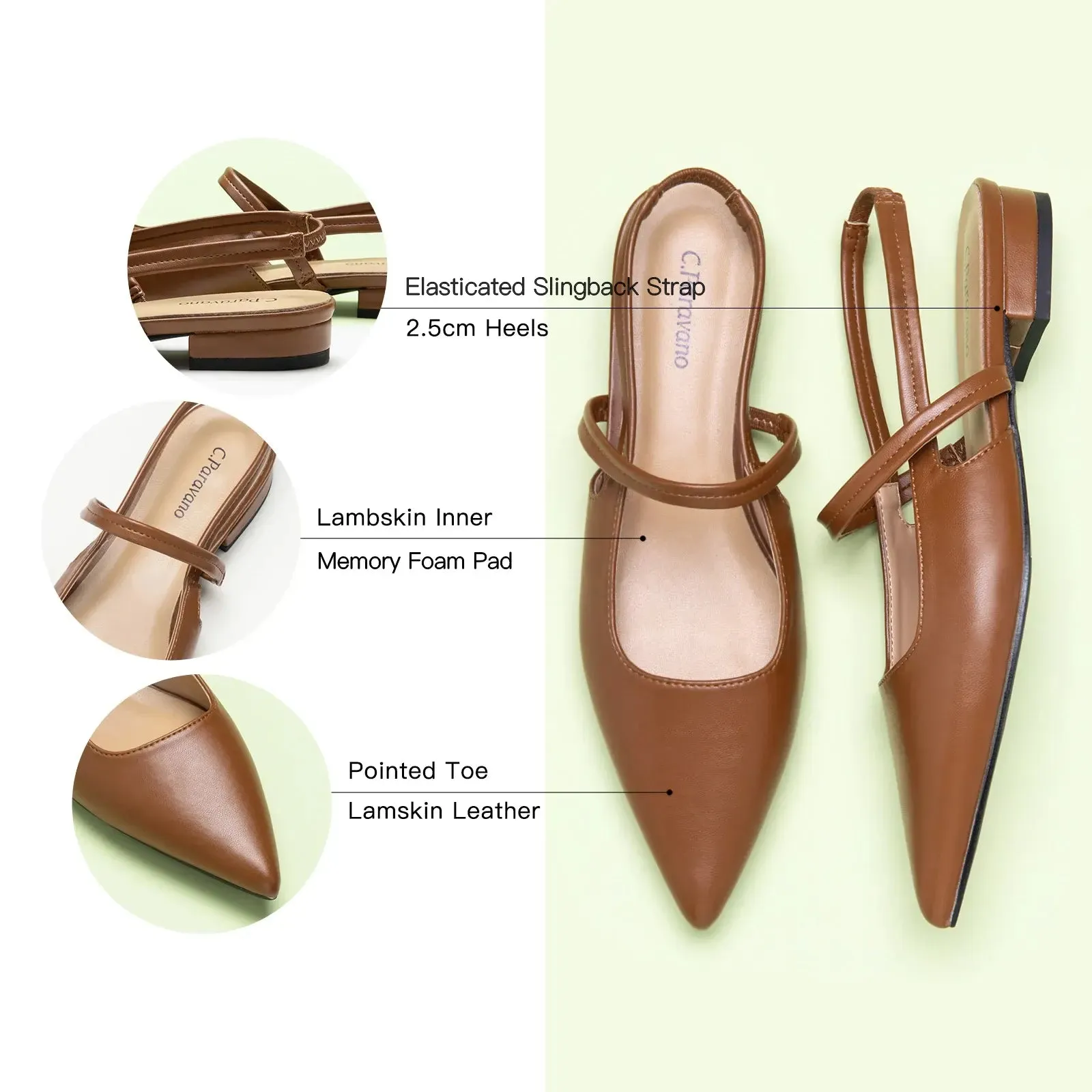 Pointed Toe Slingback Flats (Freya) Brown