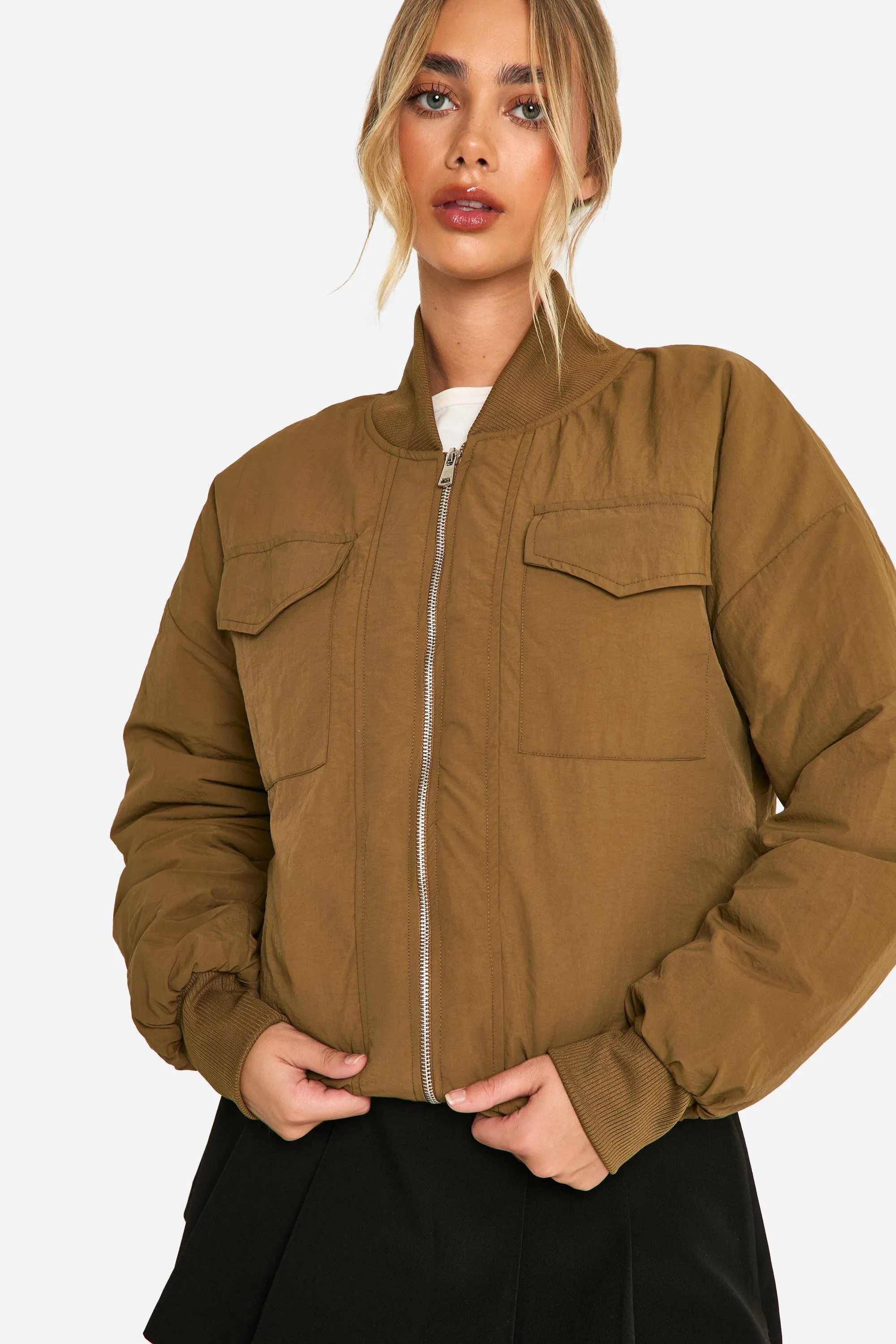 Rib Detail Nylon Bomber Jacket