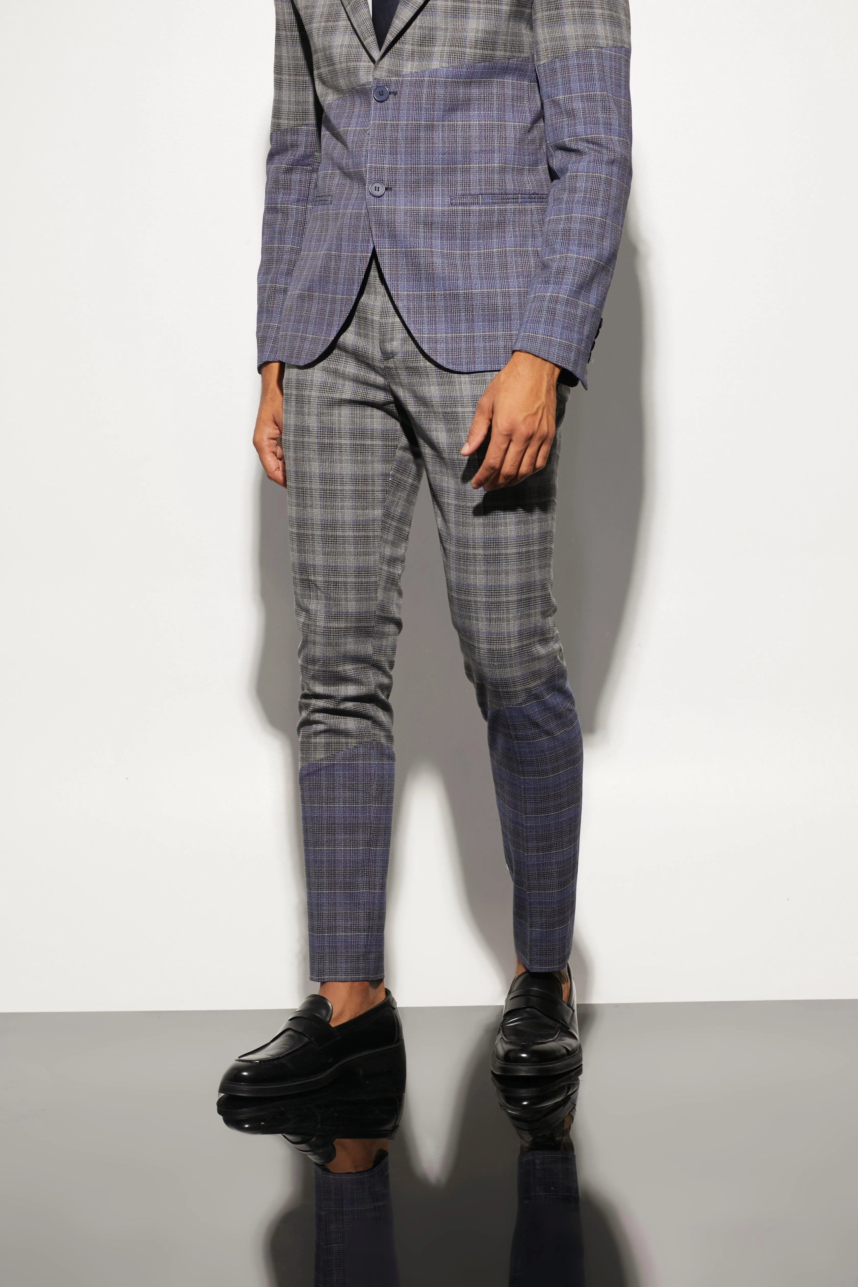 Skinny Diagonal Spliced Check Suit Trousers