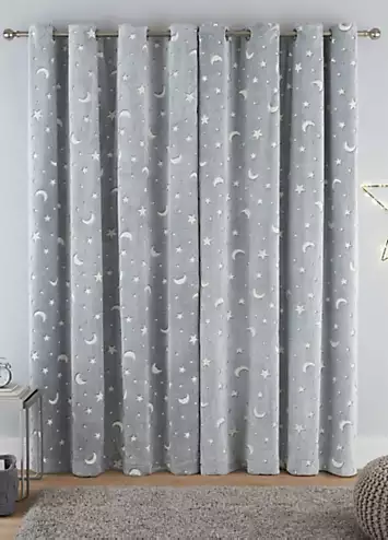 Sleepdown Teddy Fleece Glow in the Dark Moon & Stars Pair of Eyelet Lined Curtains | Kaleidoscope