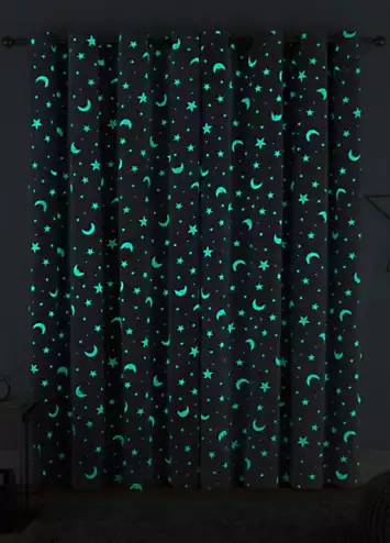 Sleepdown Teddy Fleece Glow in the Dark Moon & Stars Pair of Eyelet Lined Curtains | Kaleidoscope