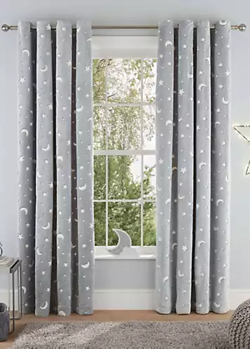 Sleepdown Teddy Fleece Glow in the Dark Moon & Stars Pair of Eyelet Lined Curtains | Kaleidoscope