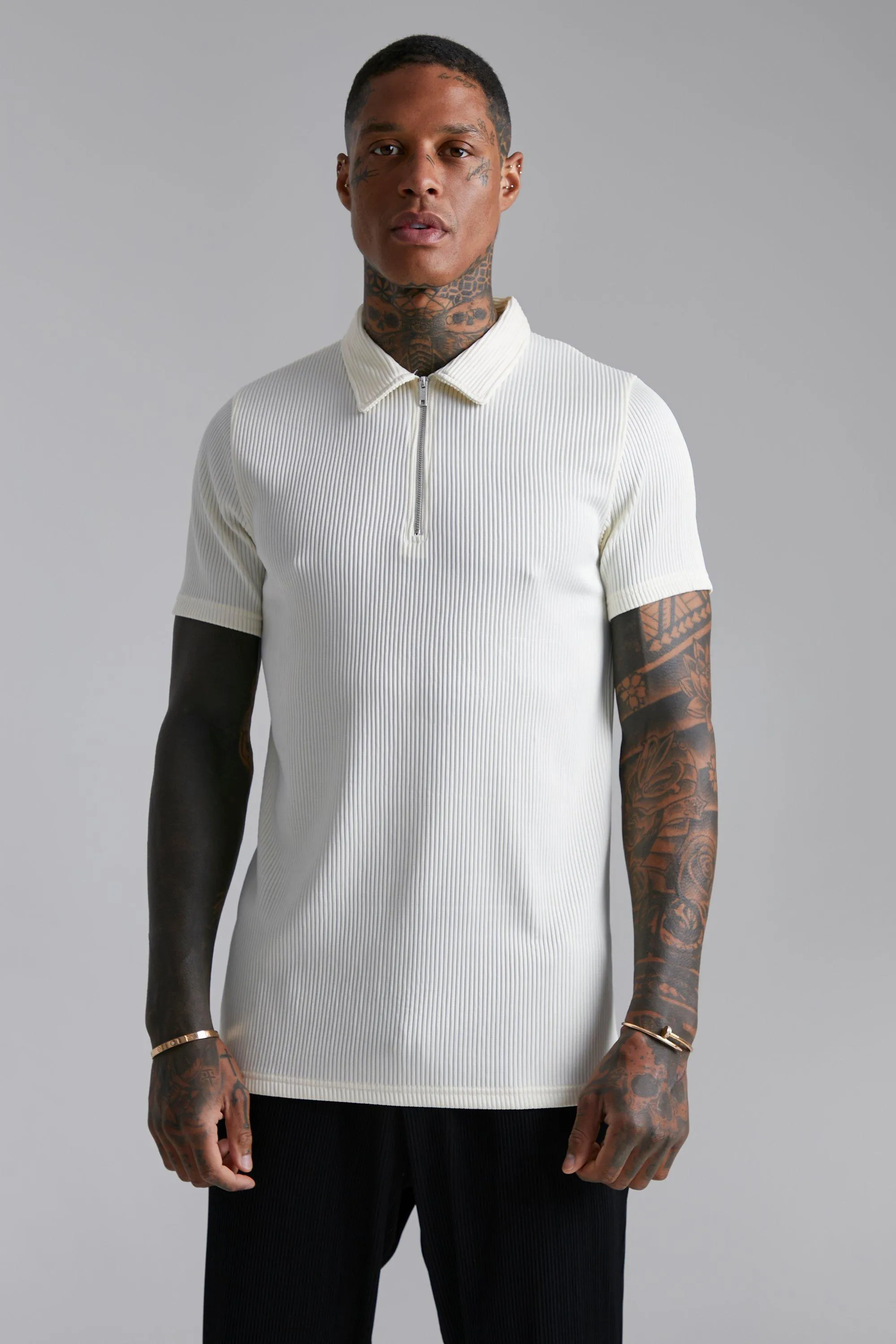 Slim Fit Pleated Zip Neck Polo