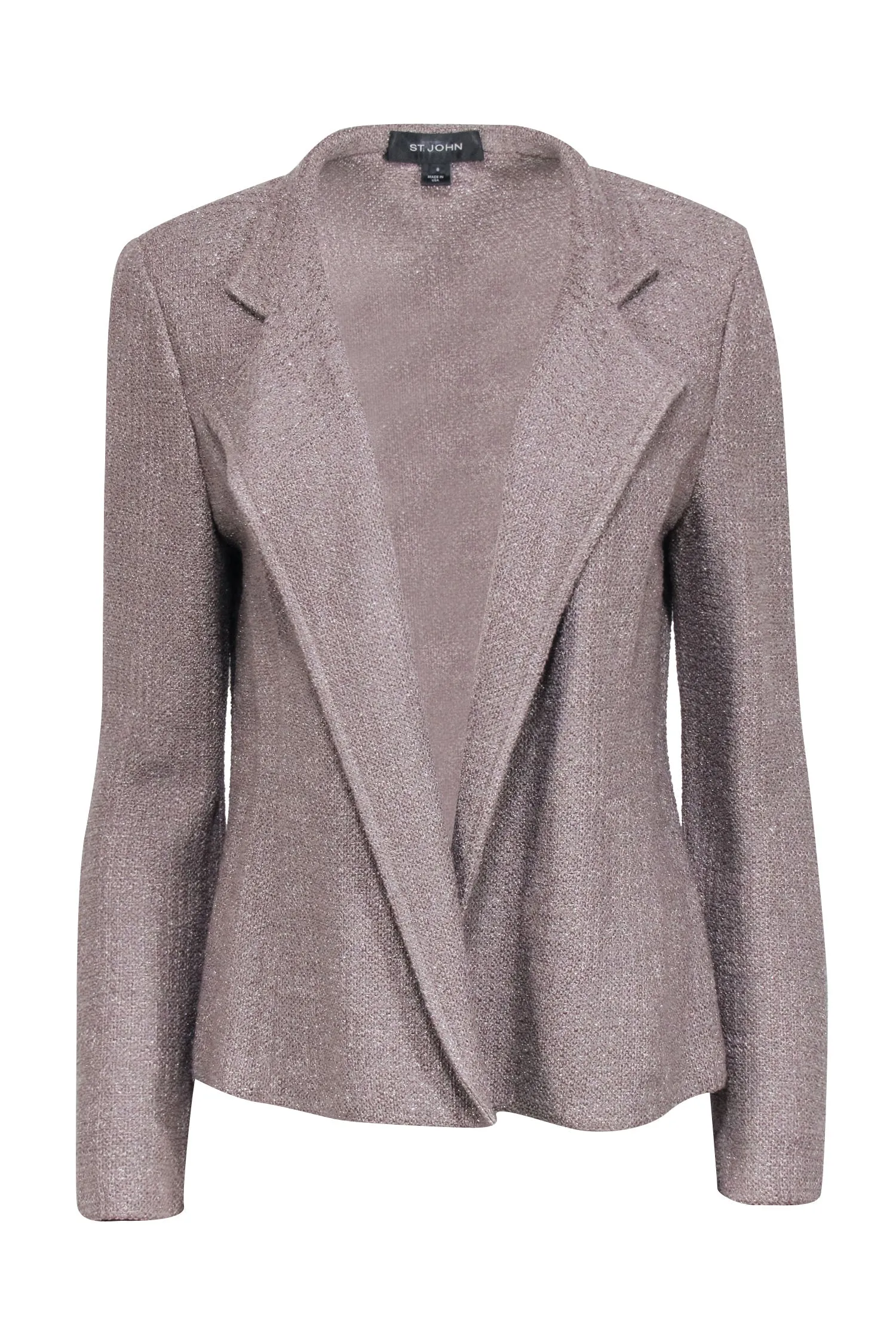 St. John - Taupe Open Front Knit Jacket w/ Metallic Threading Sz 8