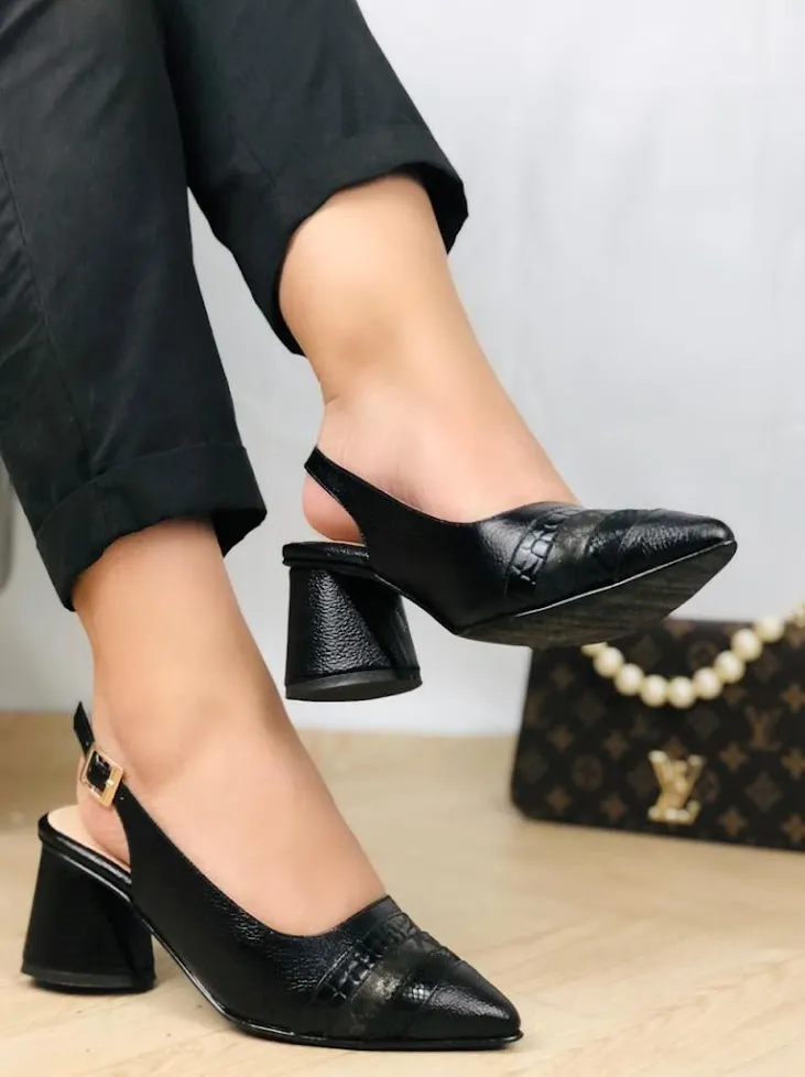 Stylish Black Leather Heeled Sandals