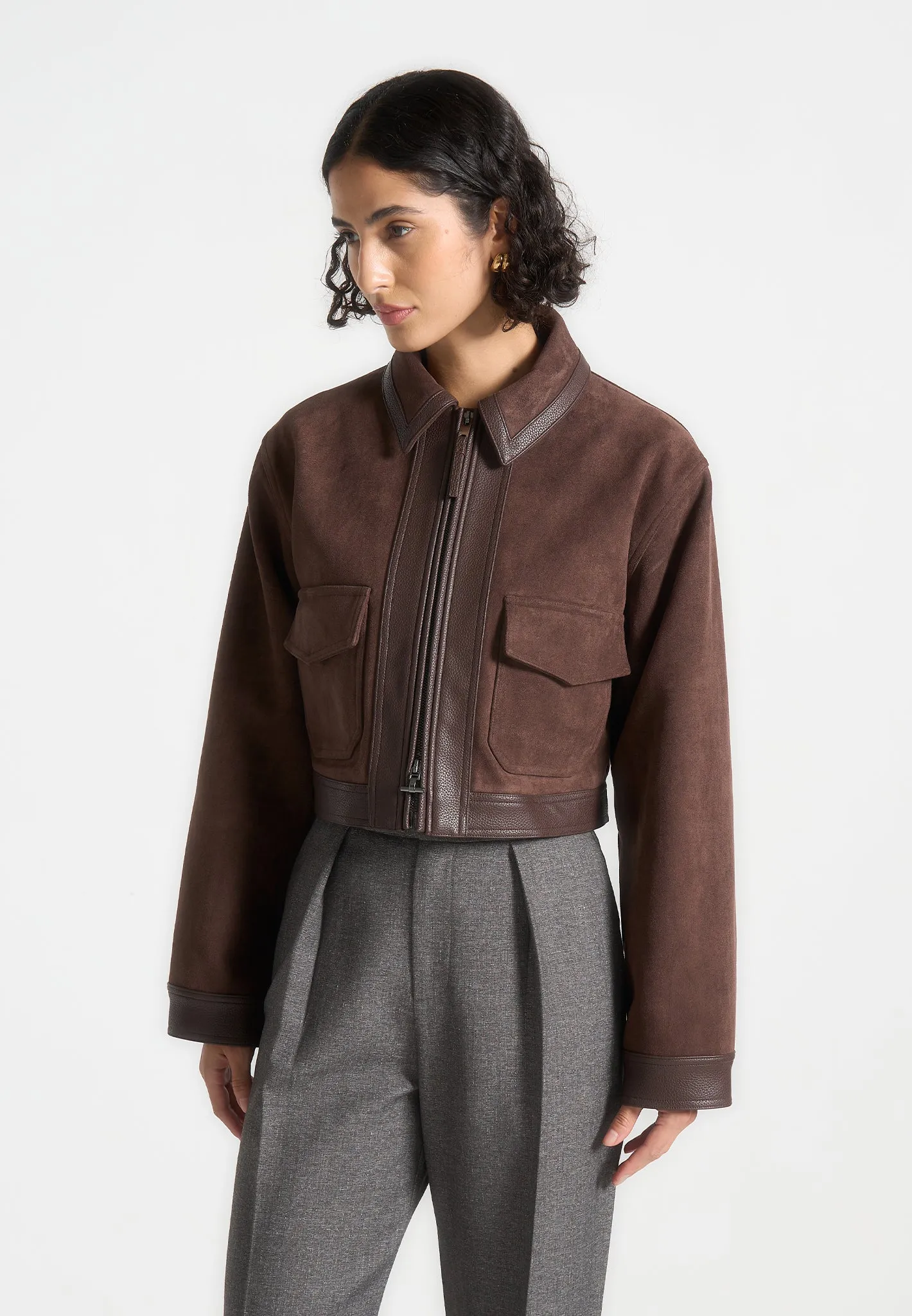 Suede & Pebbled Leather Jacket - Brown