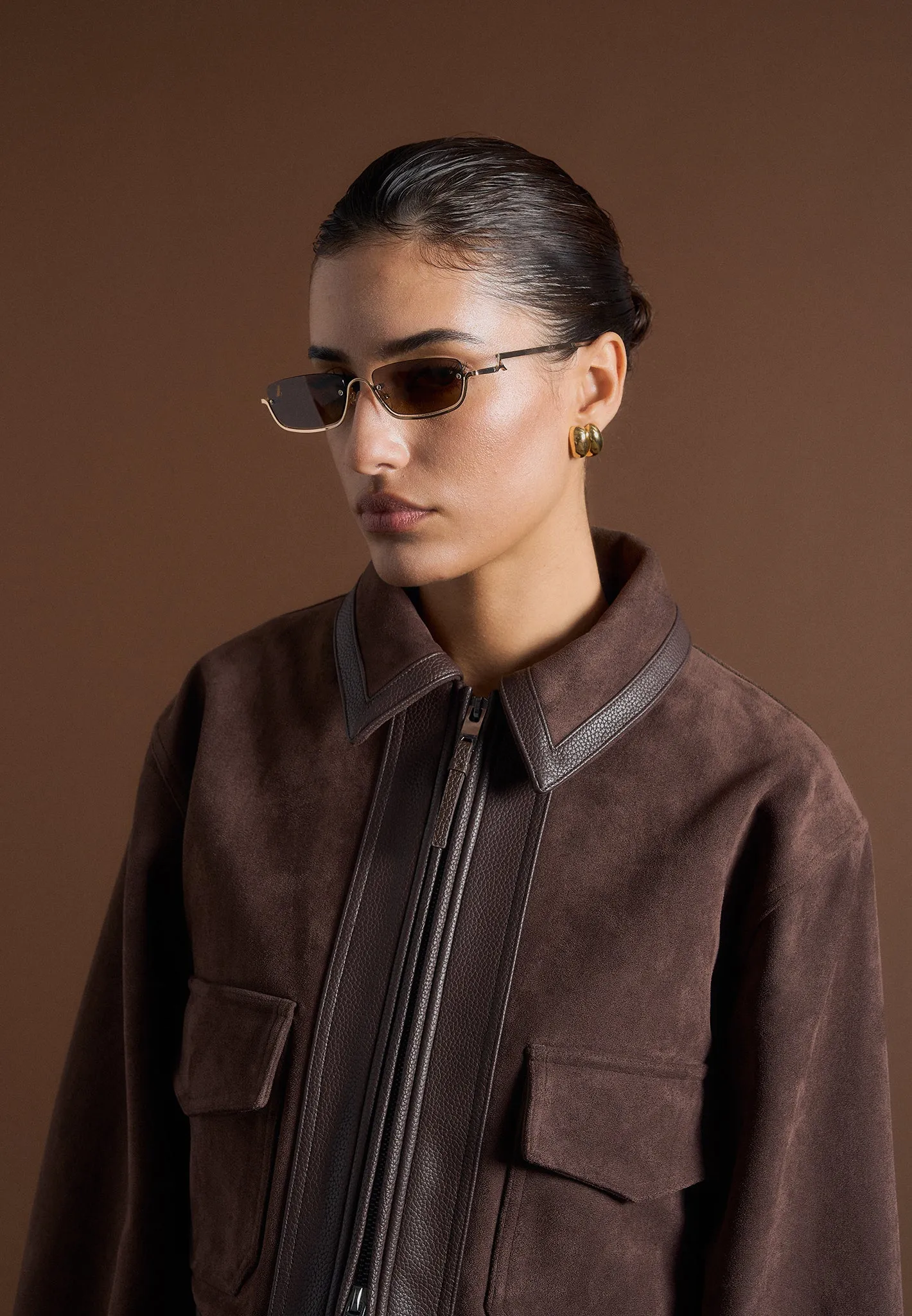 Suede & Pebbled Leather Jacket - Brown