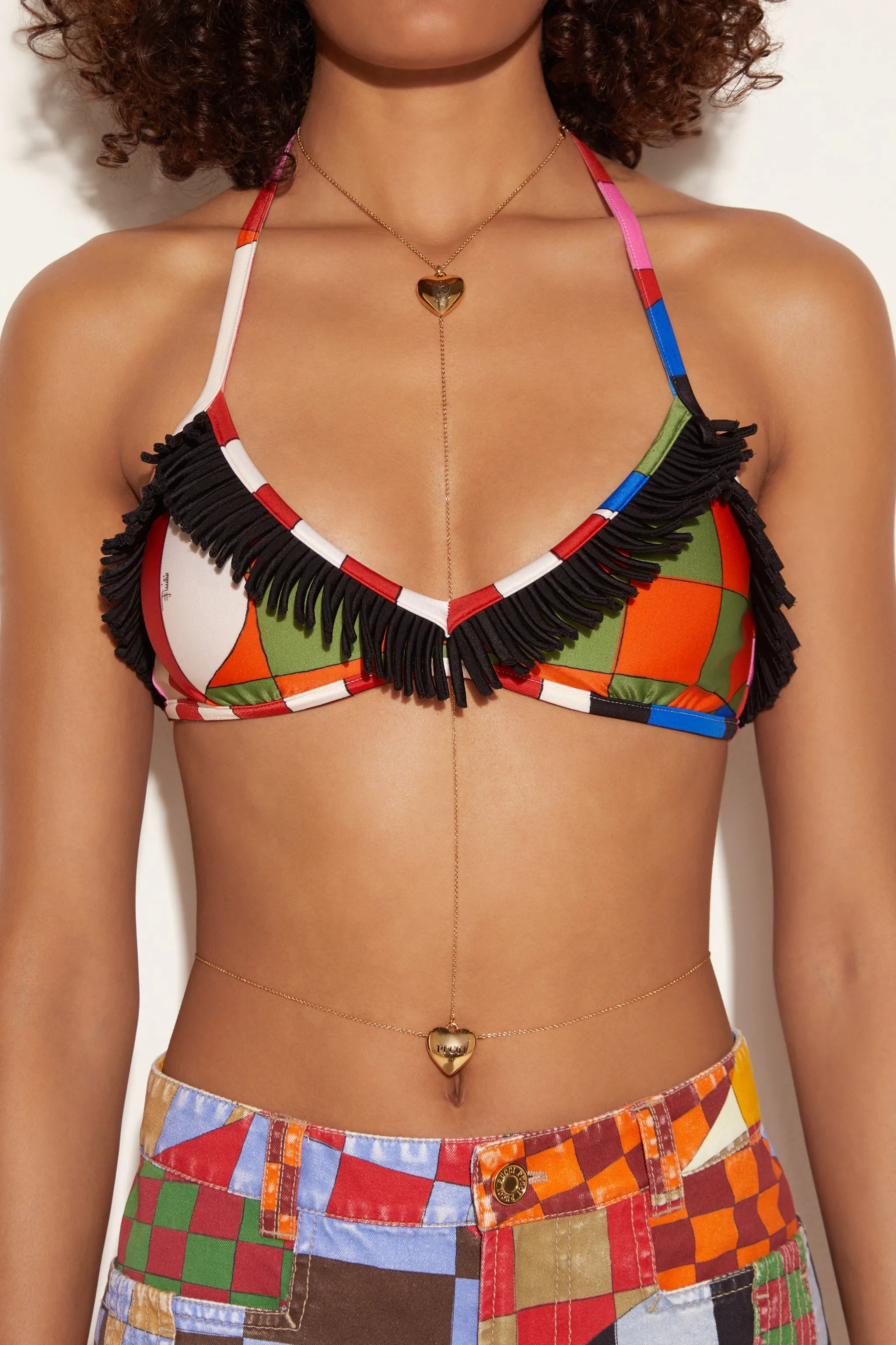 Top bikini con stampa Giardino e frange