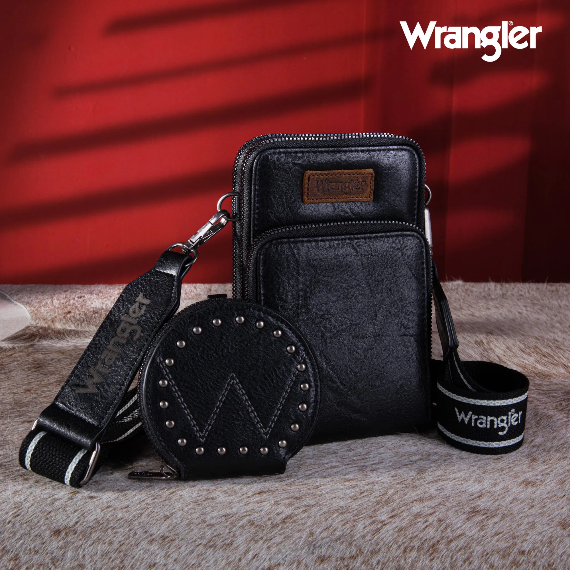 WG117-207 Wrangler Crossbody Cell Phone Purse 3 Zippered Compartment with Coin Pouch - Black