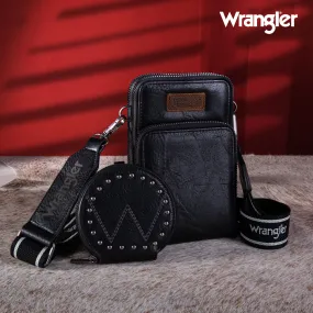 WG117-207 Wrangler Crossbody Cell Phone Purse 3 Zippered Compartment with Coin Pouch - Black