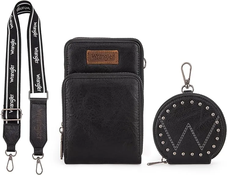 WG117-207 Wrangler Crossbody Cell Phone Purse 3 Zippered Compartment with Coin Pouch - Black