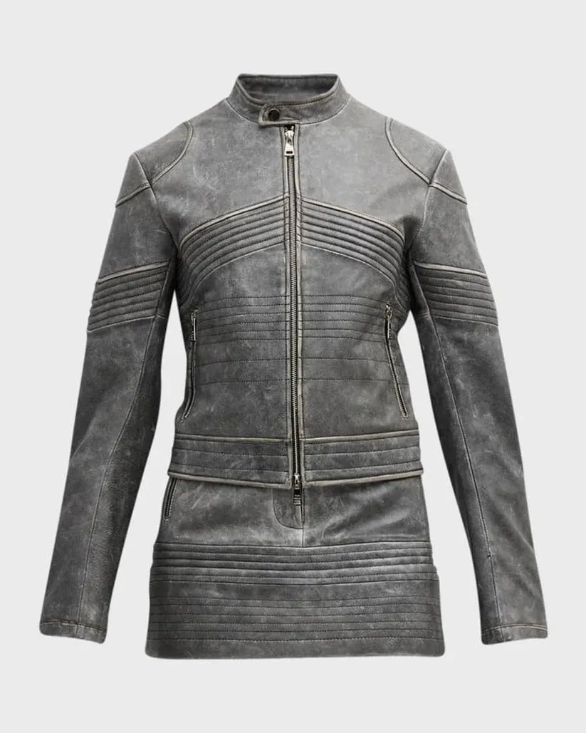 Women's Gray Distressed Leather Jacket