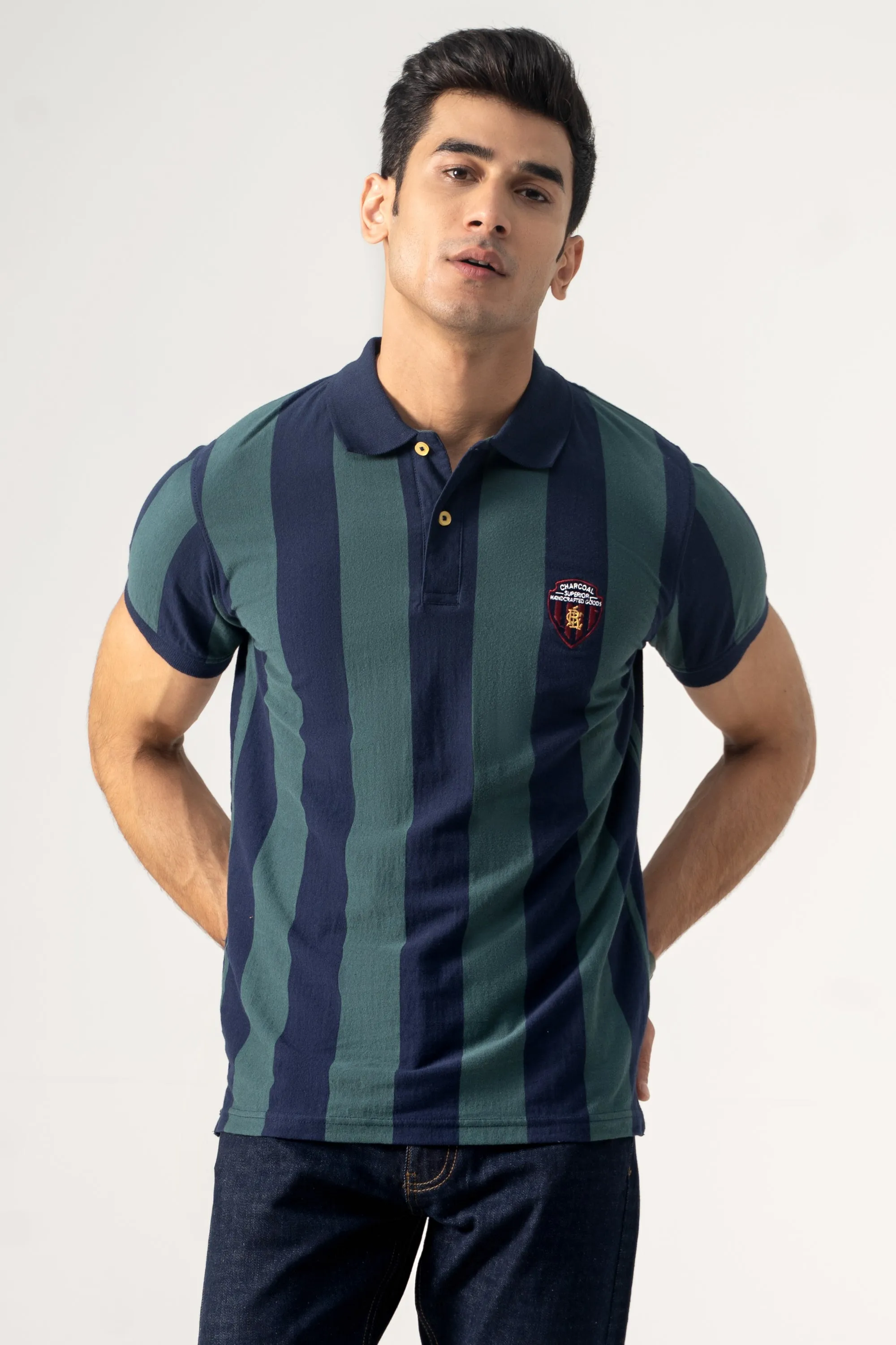 YARN DYED STRIPPER POLO GREEN NAVY