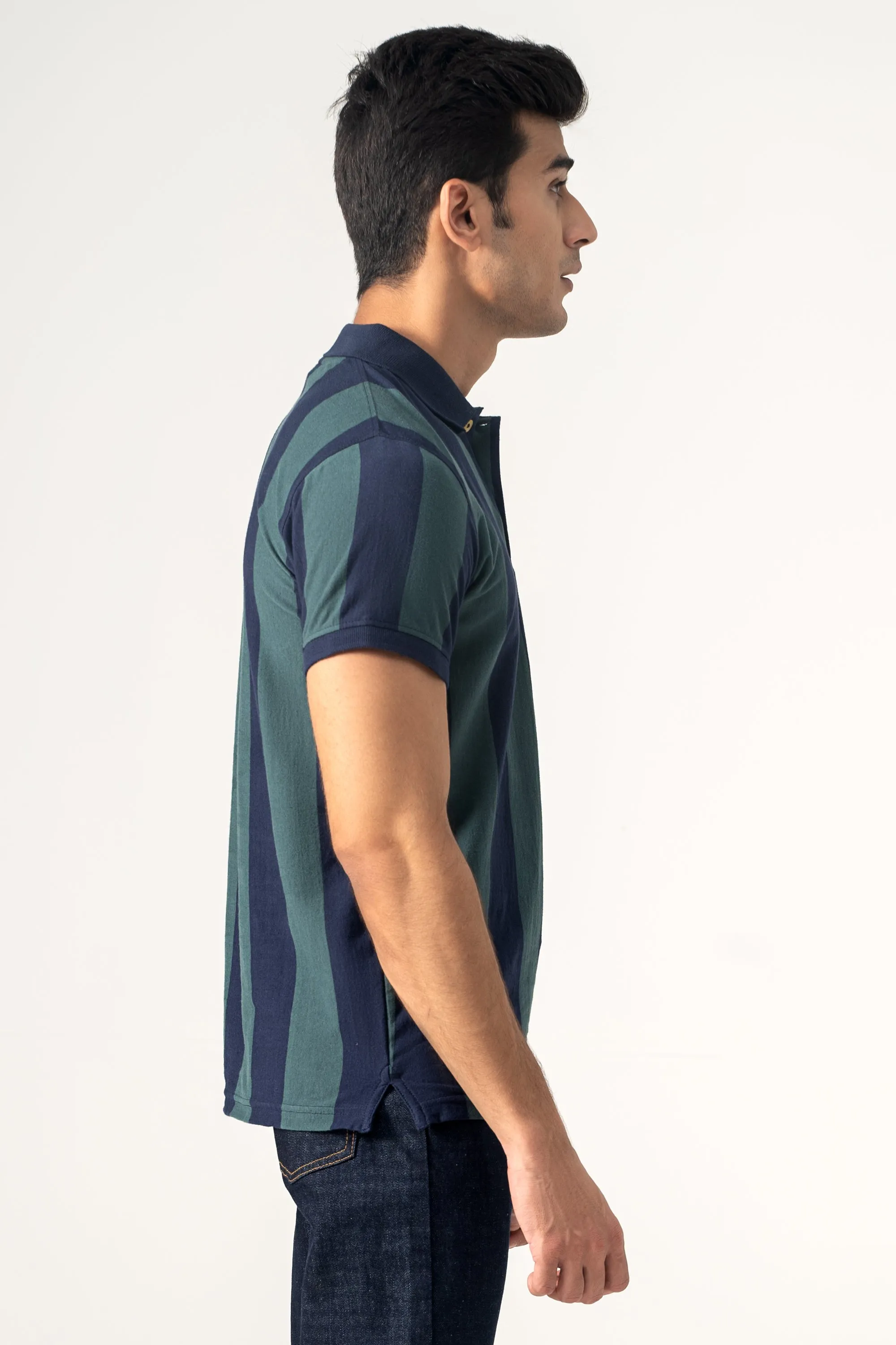 YARN DYED STRIPPER POLO GREEN NAVY