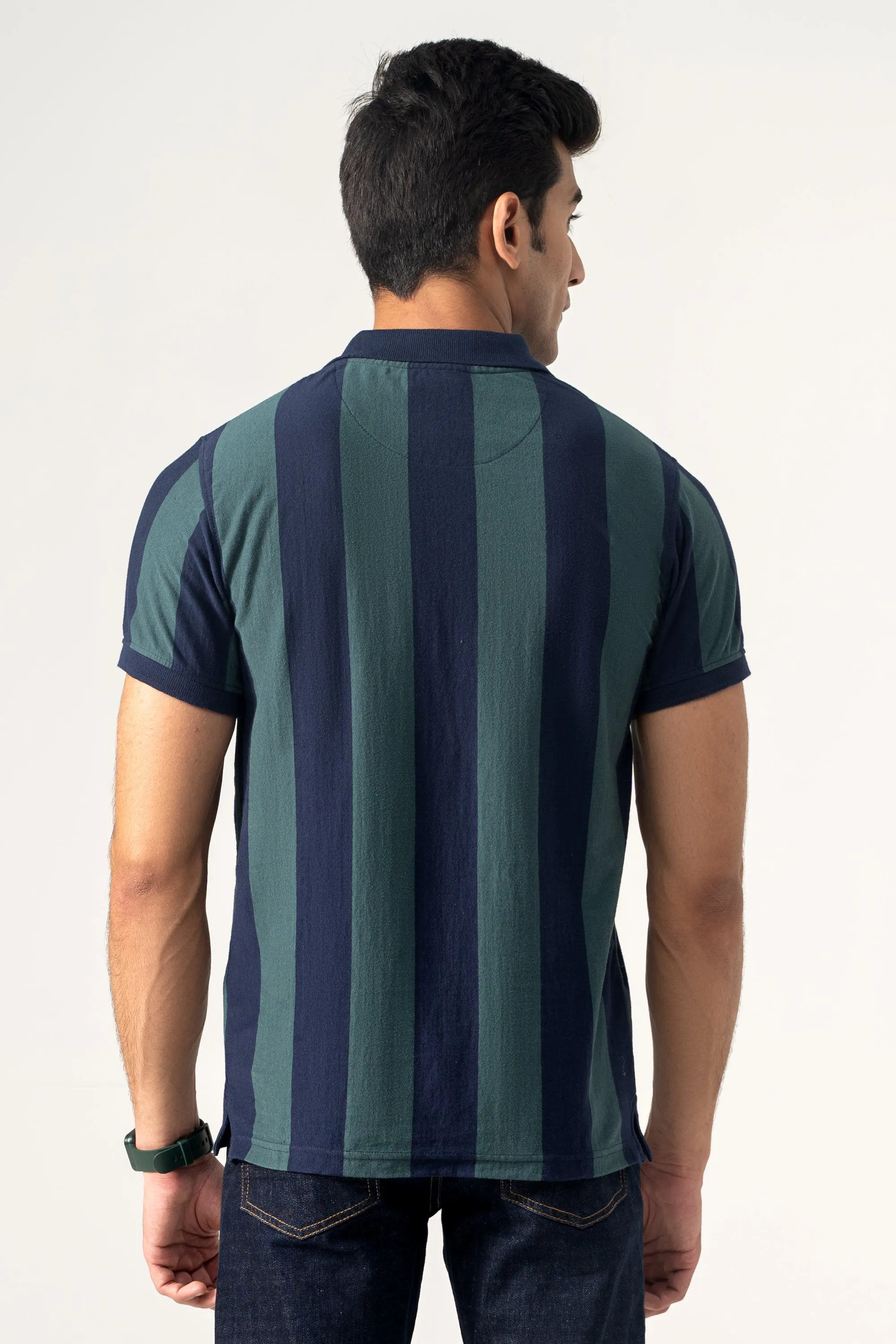 YARN DYED STRIPPER POLO GREEN NAVY