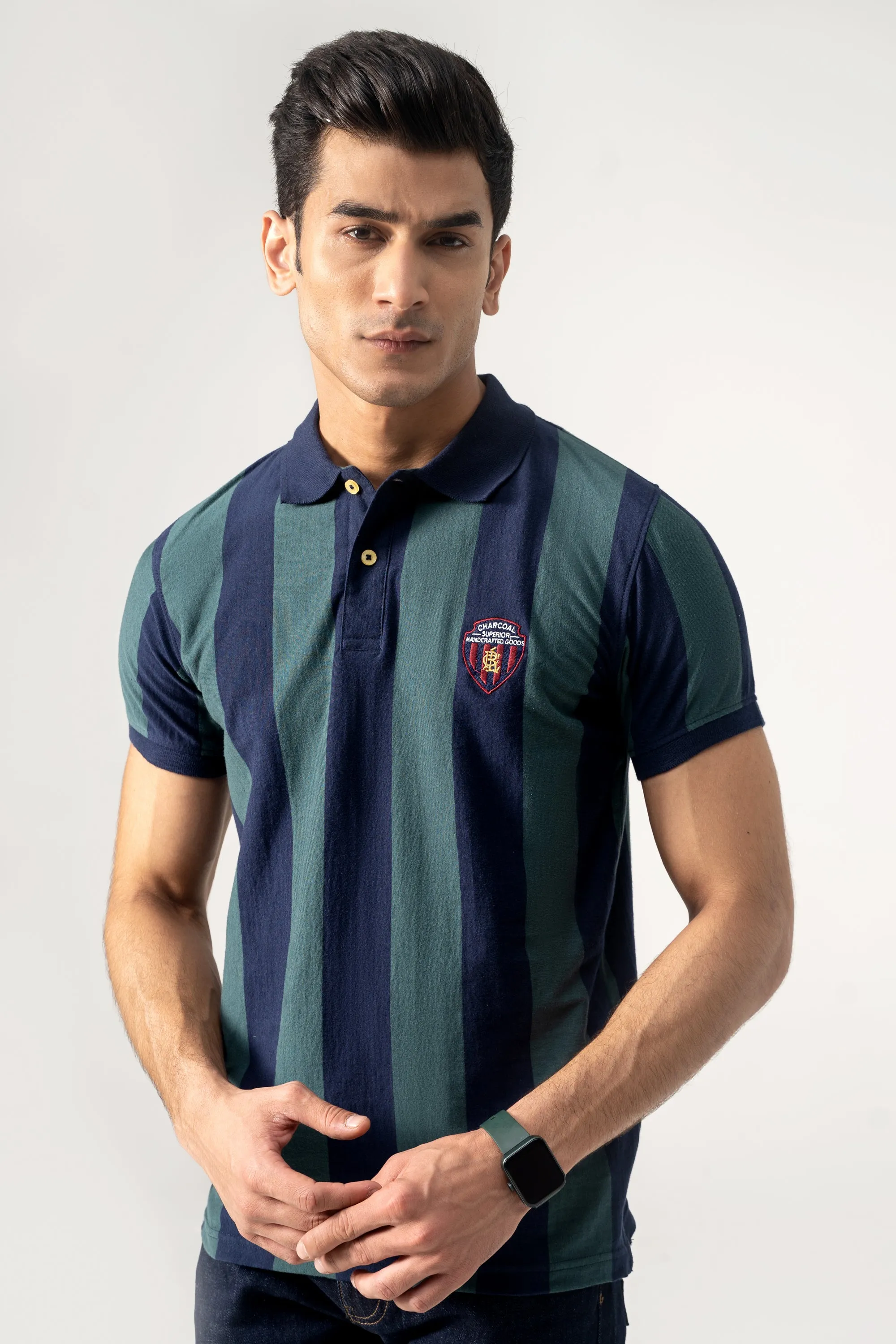 YARN DYED STRIPPER POLO GREEN NAVY